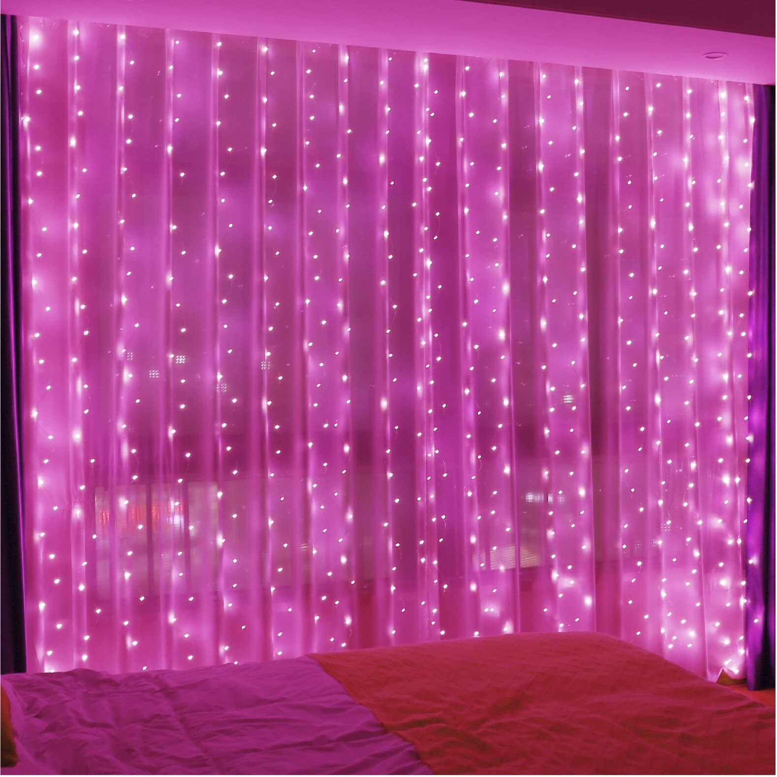 Zsjwl 300 Led Pink Curtain Fairy Lights With Remote, 8 Modes 9.8    9.8 Ft Waterproof Usb Plug In Copper Wire Lights For Bedroom Window Chrismas Wedding Party