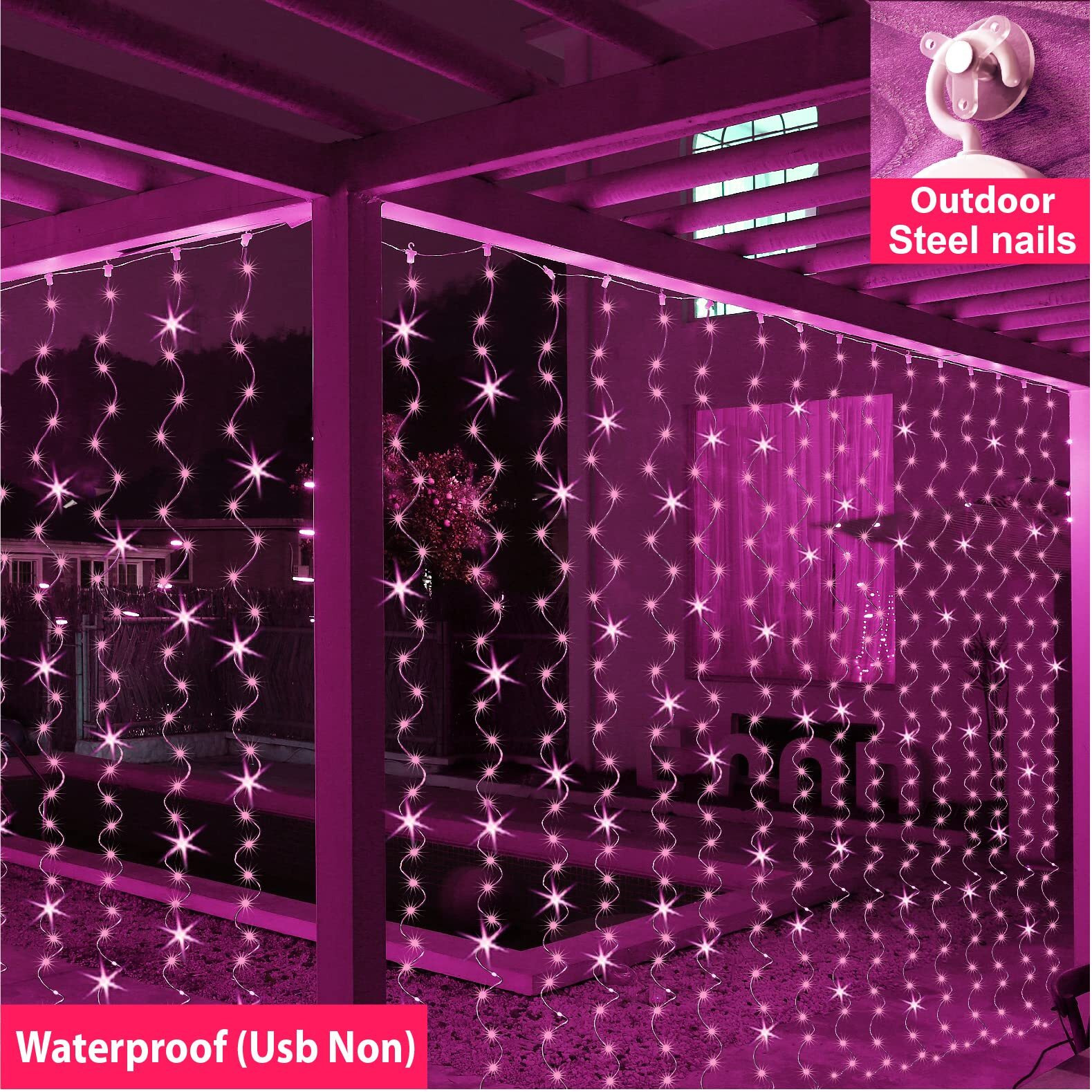 Zsjwl 300 Led Pink Curtain Fairy Lights With Remote, 8 Modes 9.8    9.8 Ft Waterproof Usb Plug In Copper Wire Lights For Bedroom Window Chrismas Wedding Party