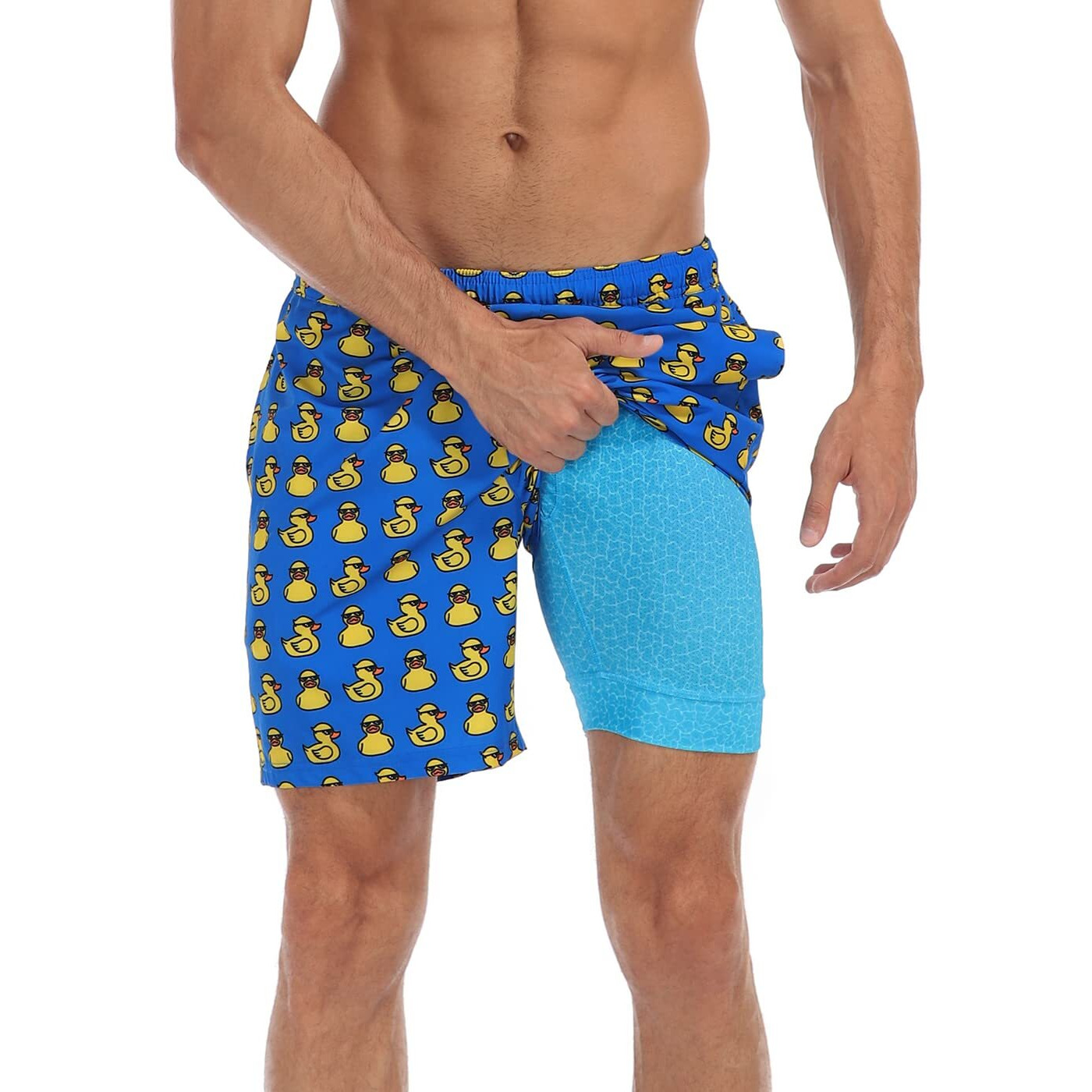 Lrd Men's Swim Trunks With Compression Liner 7 Inch Inseam Quick Dry Swim Shorts Gangsta Ducks/Pool - Xxl