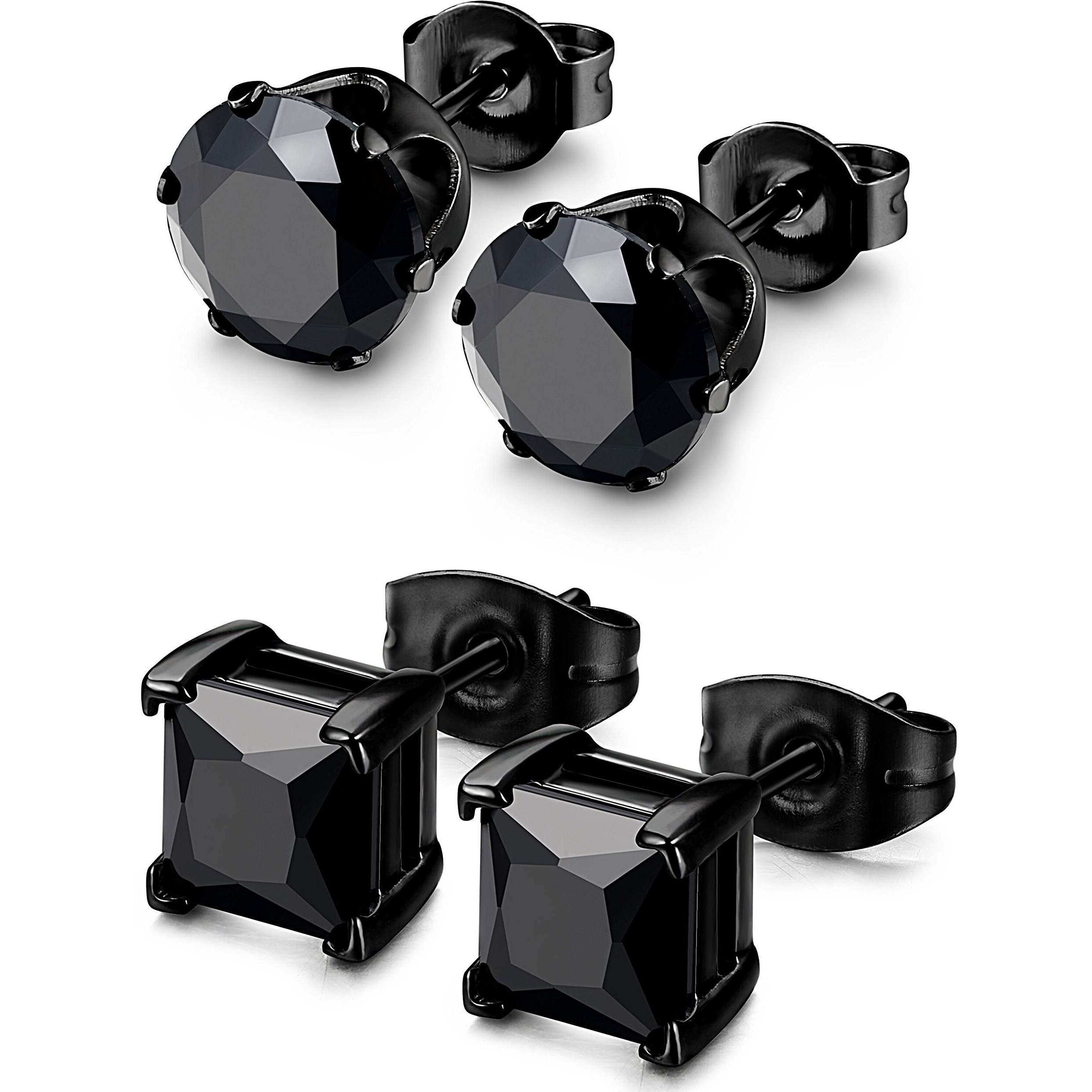 Besteel 2 Pairs Stainless Steel Mens Womens Cz Stud Earrings Pierced Earrings Black 20G 4Mm