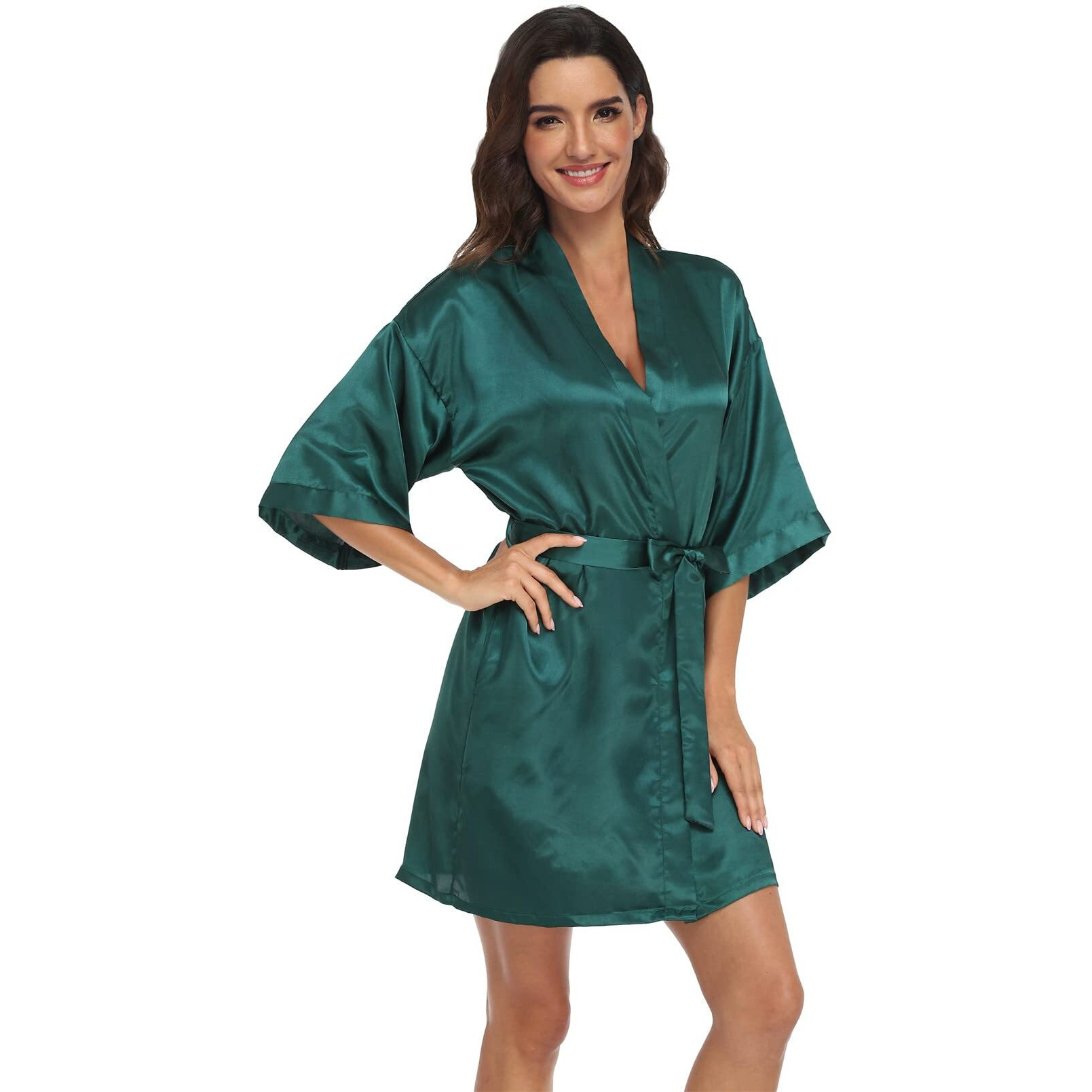 Women 's Silk Robes Green Satin Robes Short Bridesmaids Robes Wedding Robes Summer Sleepwear, Dark Green