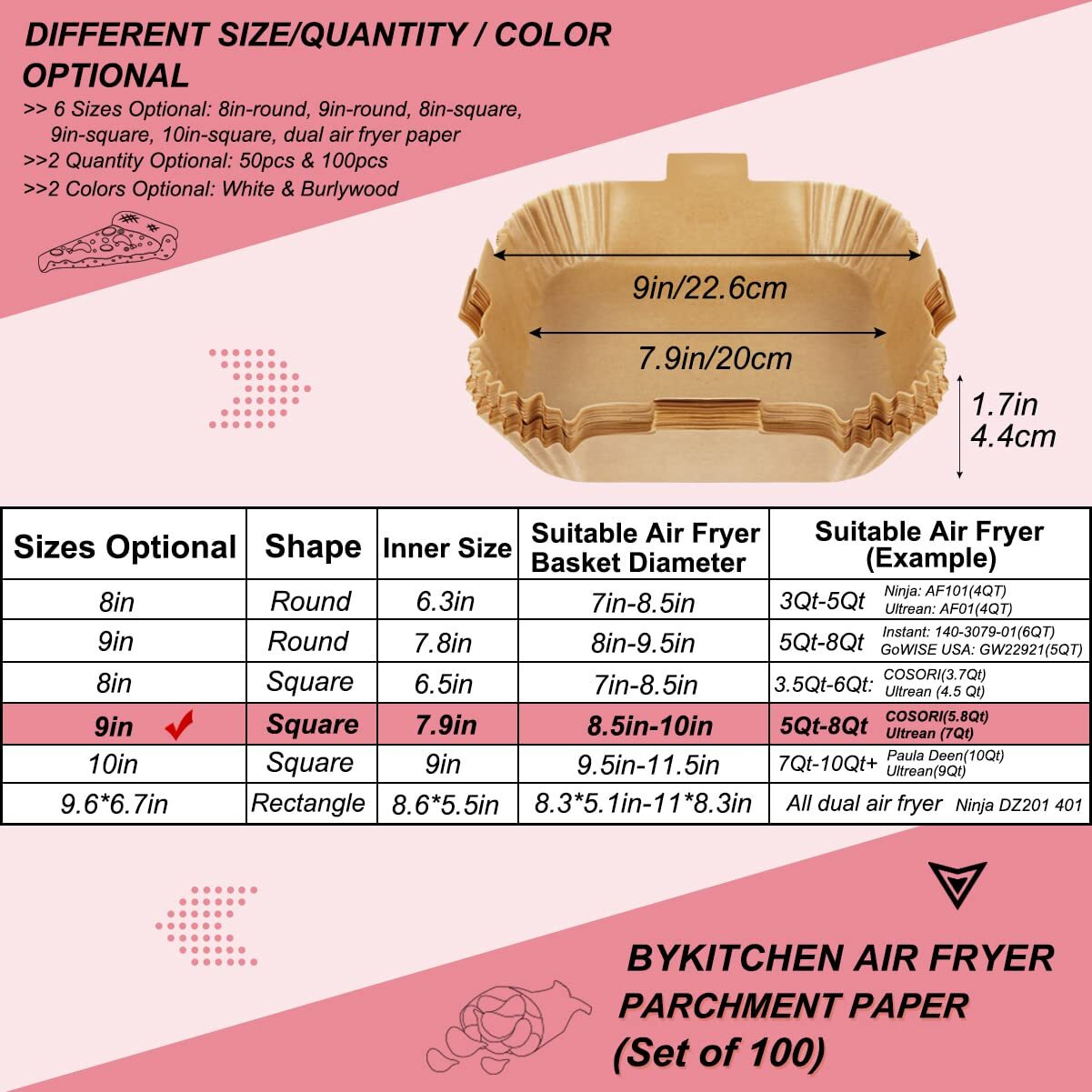 Bykitchen Air Fryer Parchment Paper, Set Of 100, 9 Inch Square Air Fryer Liners, Airfryer Accessories, Compatible With Corsori, Ninja, Gourmia And More