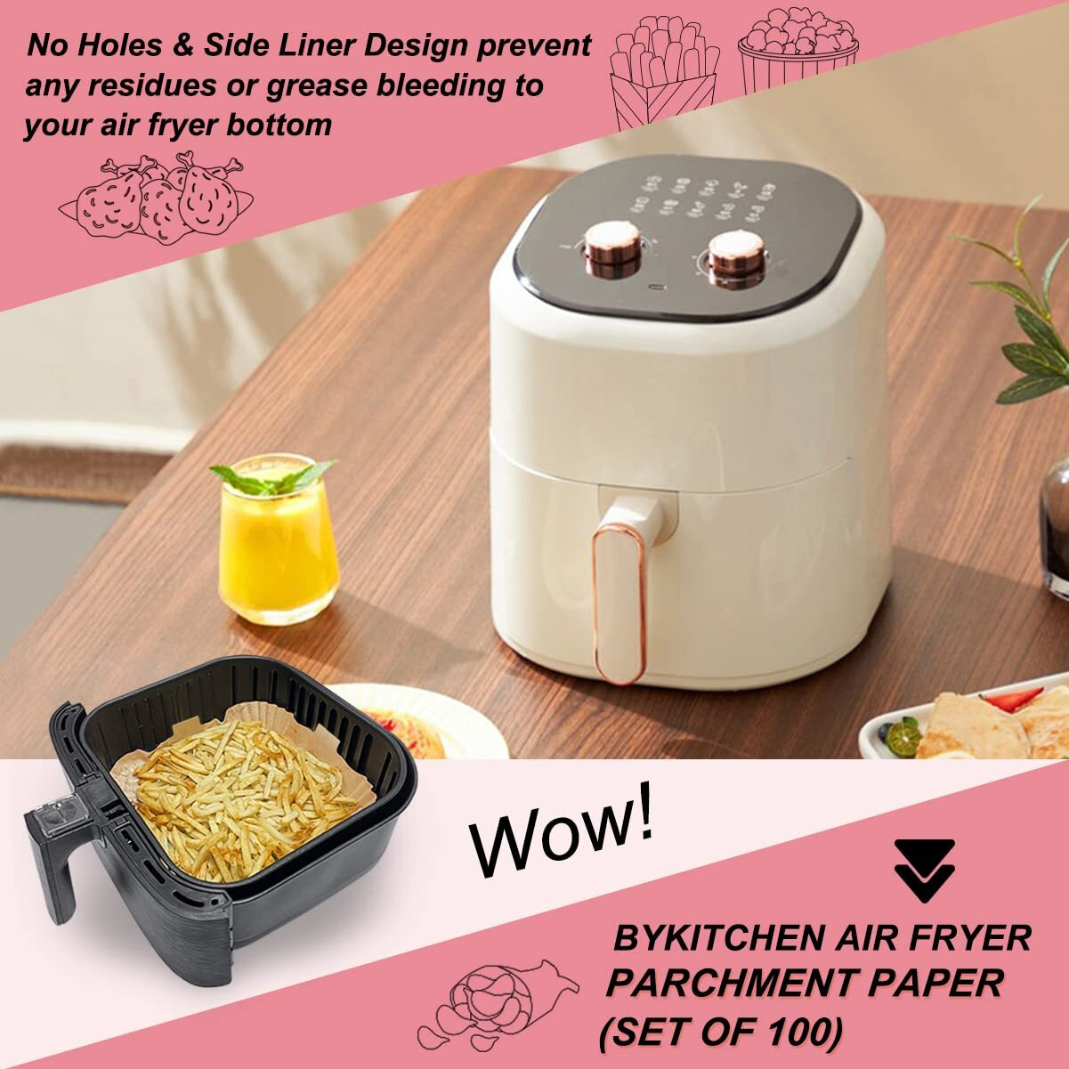 Bykitchen Air Fryer Parchment Paper, Set Of 100, 9 Inch Square Air Fryer Liners, Airfryer Accessories, Compatible With Corsori, Ninja, Gourmia And More