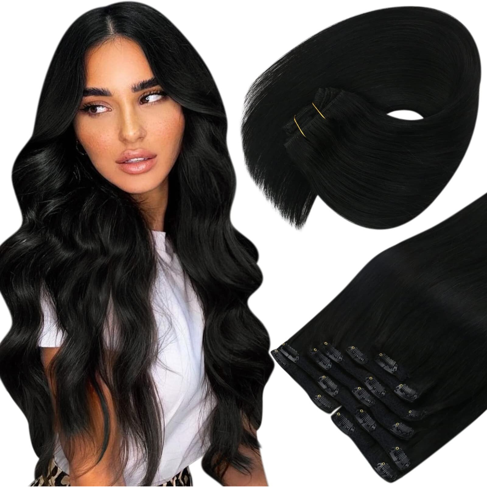 Sunny Black Hair Extensions Human Hair Clip In Invisible Hair Clip In Real Human Hair Extensions Jet Black Remy Clip In Hair Extensions Long Hair 22Inch 120G 7Pcs