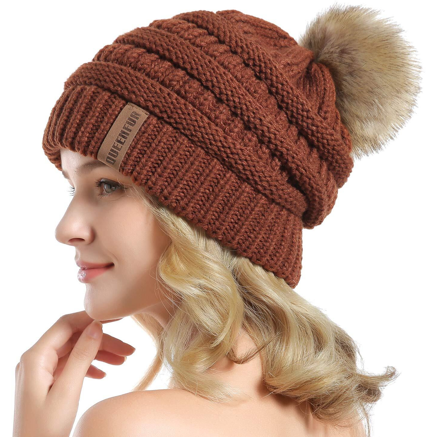 Queenfur Women Knit Slouchy Beanie Chunky Baggy Hat With Faux Fur Pompom Winter Soft Warm Ski Cap