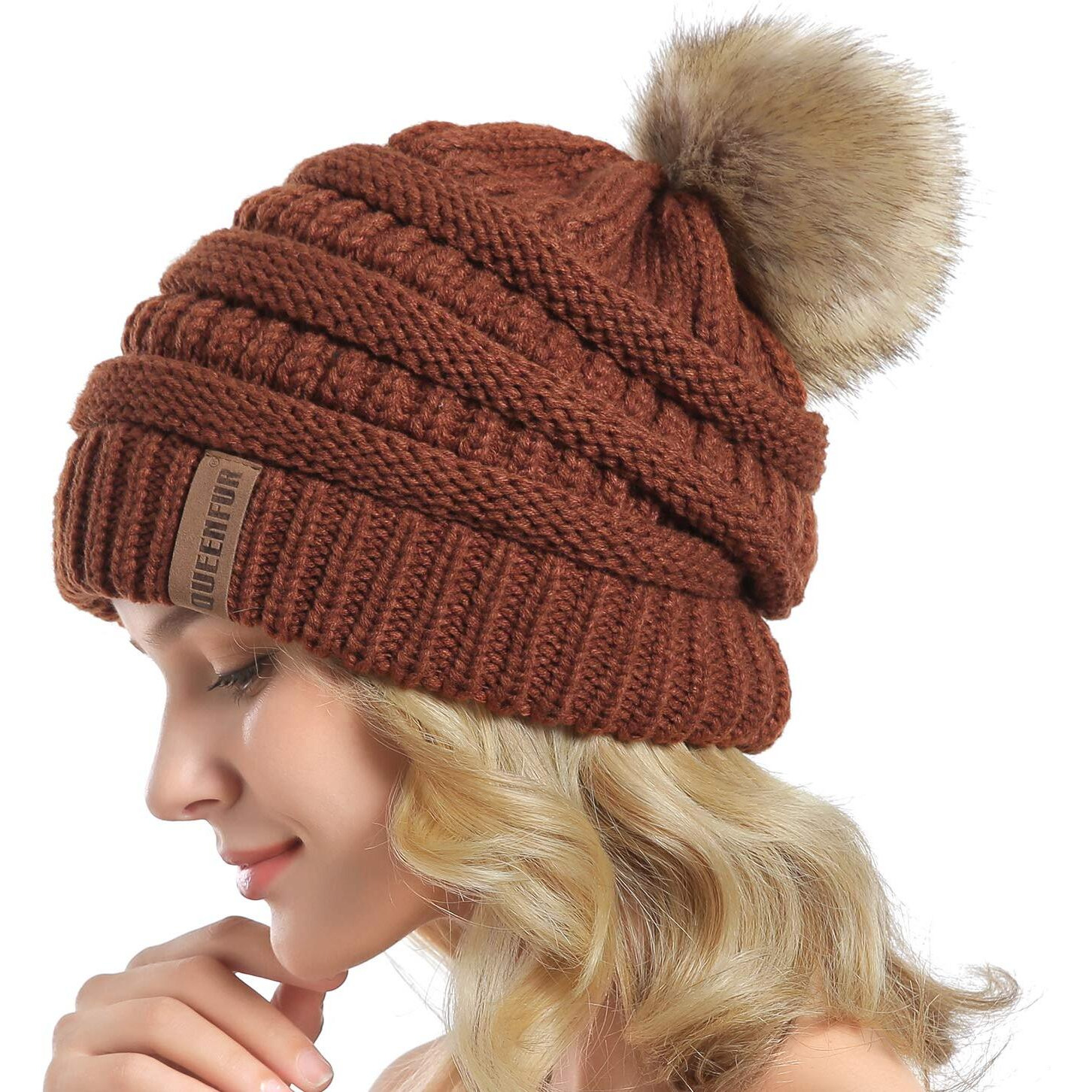 Queenfur Women Knit Slouchy Beanie Chunky Baggy Hat With Faux Fur Pompom Winter Soft Warm Ski Cap