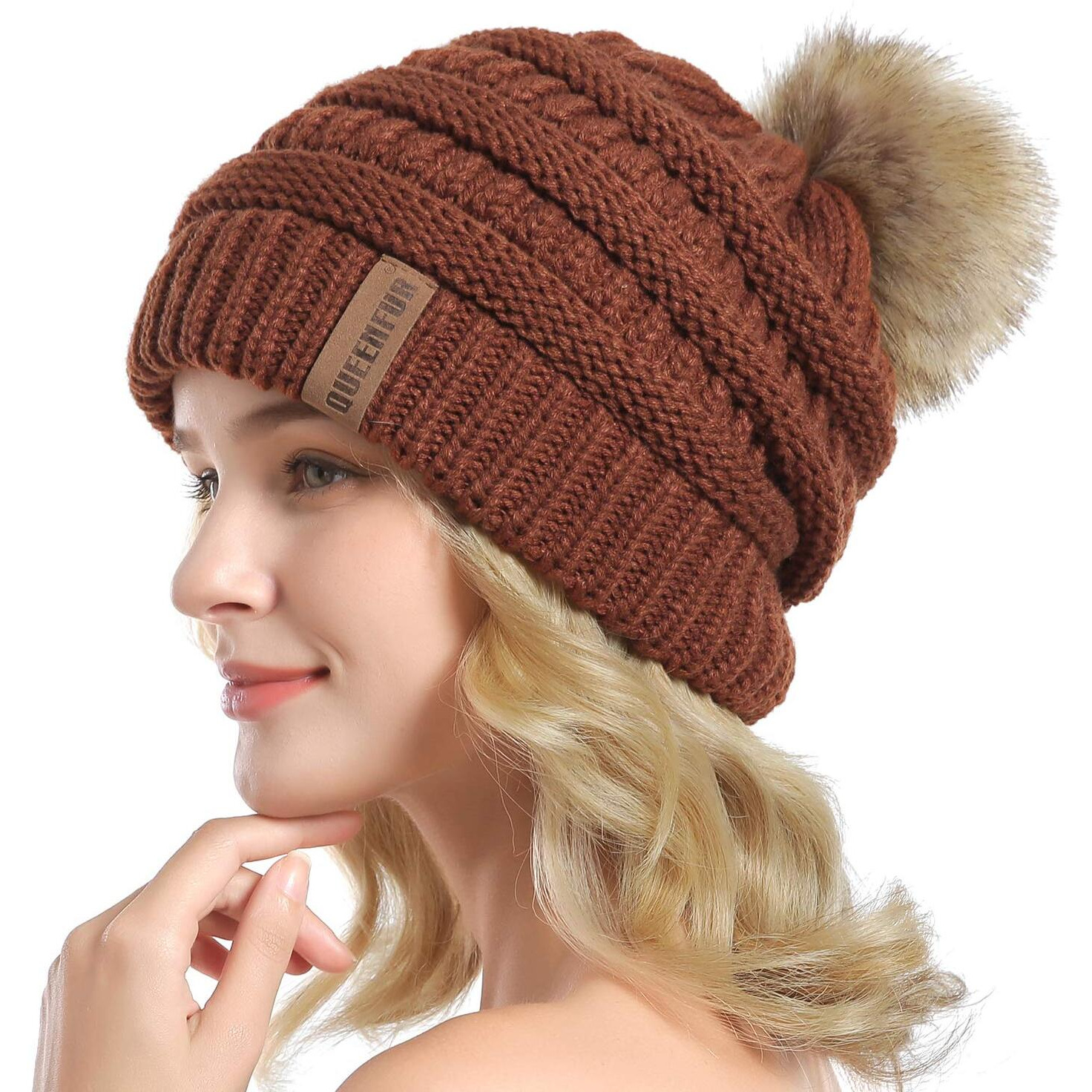 Queenfur Women Knit Slouchy Beanie Chunky Baggy Hat With Faux Fur Pompom Winter Soft Warm Ski Cap