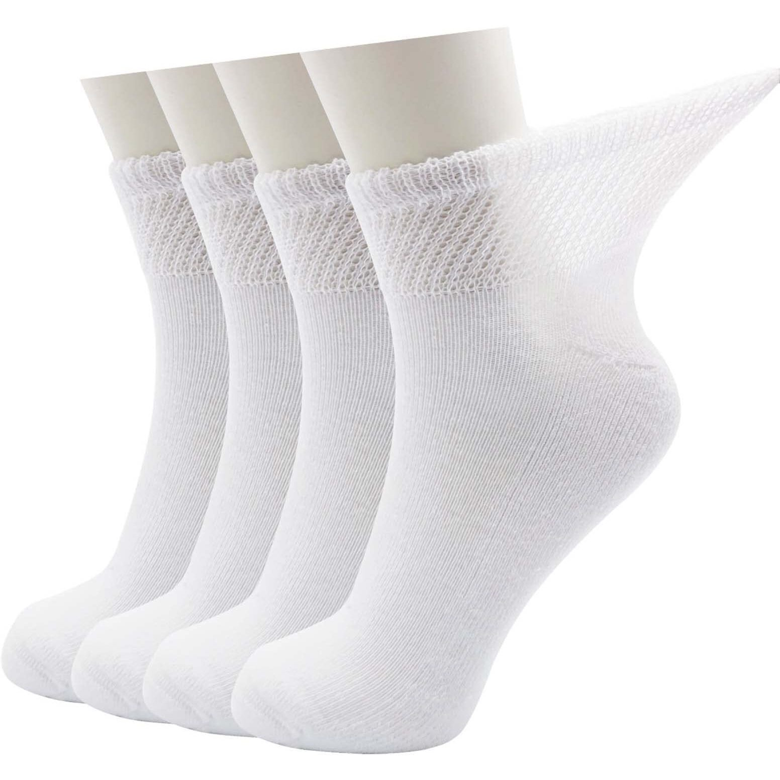 Lin Performance Ankle Diabetic Socks For Women And Men Non-Binding Top Cushion Sole Moisture Wicking, 4 Pairs (13-15, White)
