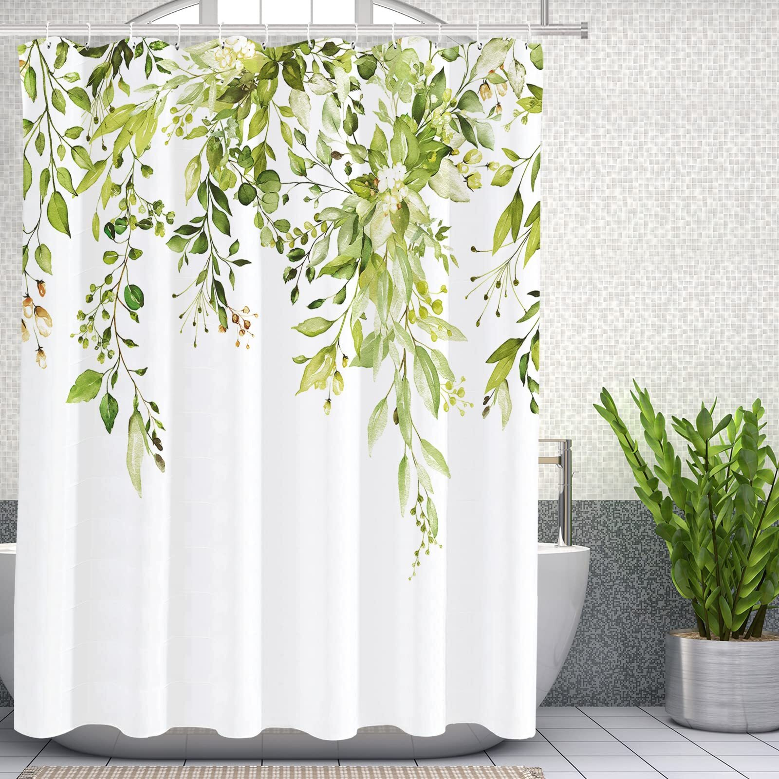 Tititex Fragile Sprout Grass Green Eucalyptus Shower Curtain Sets, Watercolor Leaves On The Top Plant With Floral Bathroom Decoration 72X72 Inch With Hooks