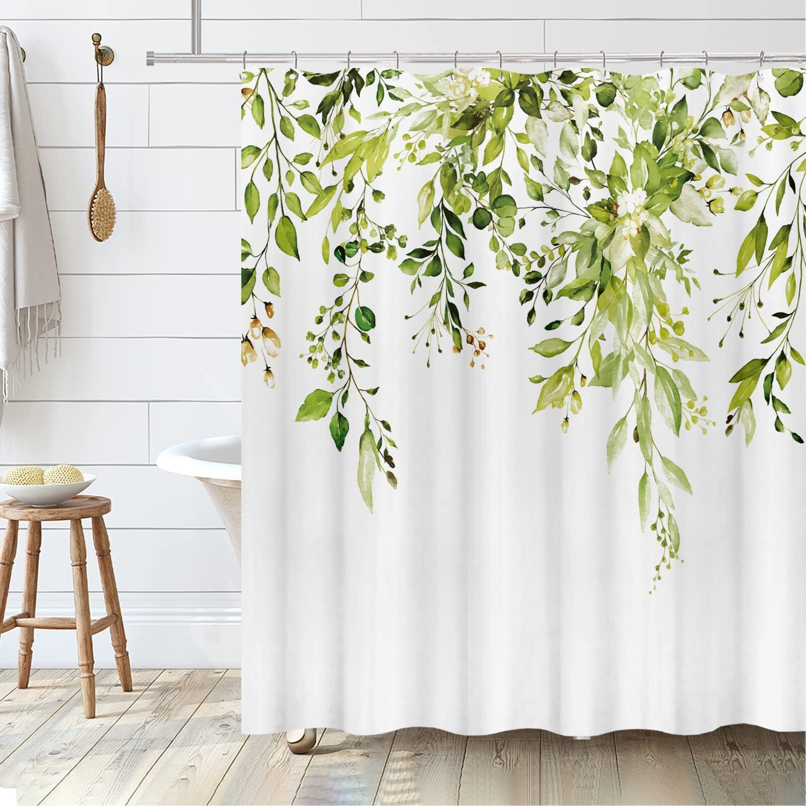 Tititex Fragile Sprout Grass Green Eucalyptus Shower Curtain Sets, Watercolor Leaves On The Top Plant With Floral Bathroom Decoration 72X72 Inch With Hooks