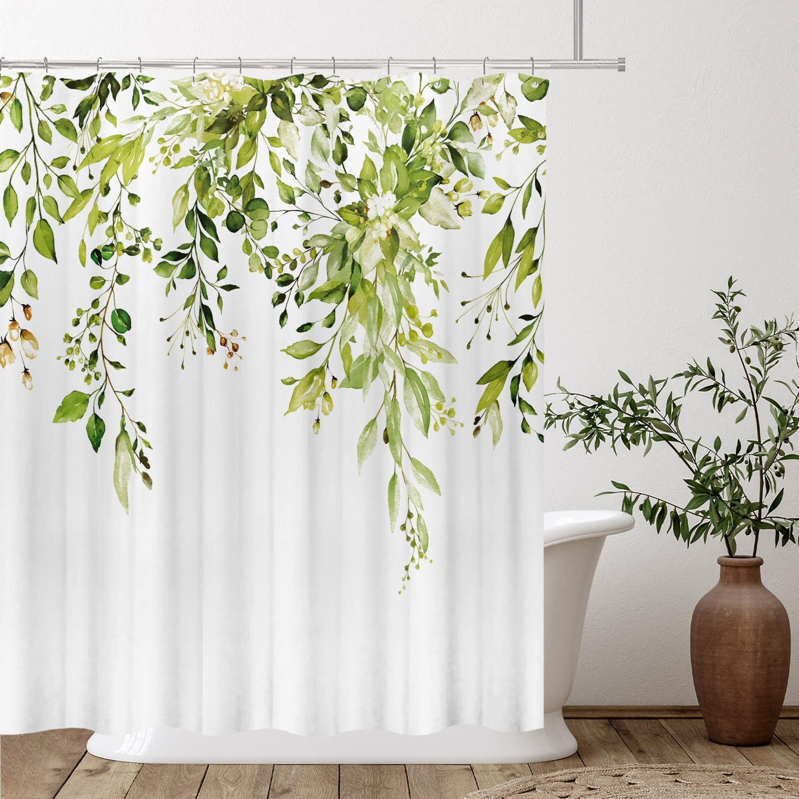 Tititex Fragile Sprout Grass Green Eucalyptus Shower Curtain Sets, Watercolor Leaves On The Top Plant With Floral Bathroom Decoration 72X72 Inch With Hooks