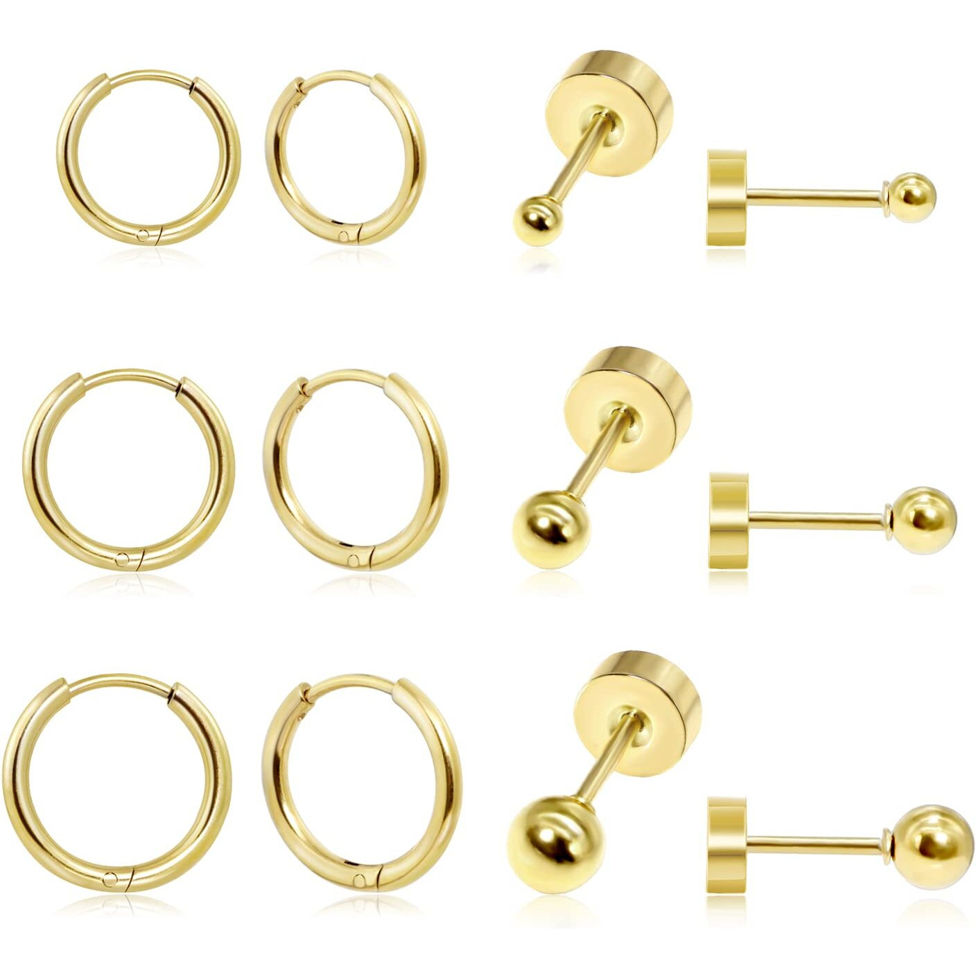 Dainty 6 Pairs Earrings Sets For Multiple Piercing, Lightweight 14K Gold Plated Small Huggie Hoop Earrings, Flat Back Tiny Ball Stud Earrings For Cartilage, Helix, Lobe, Hypoallergenic ( Huggie Hoops And Ball Studs)