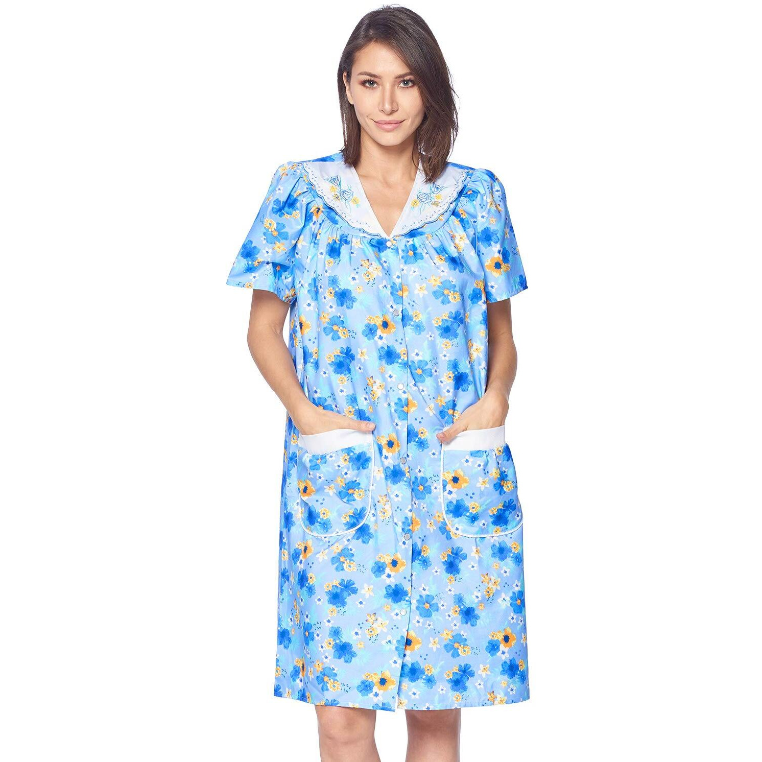 Casual Nights Womens Snap Front House Dress Short Sleeve Woven Housecoat Duster Lounger Robe, Floral Blue, Small
