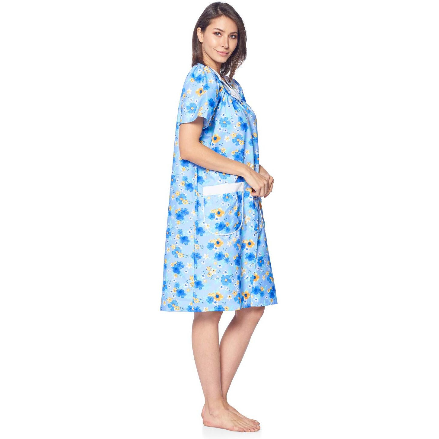 Casual Nights Womens Snap Front House Dress Short Sleeve Woven Housecoat Duster Lounger Robe, Floral Blue, Small