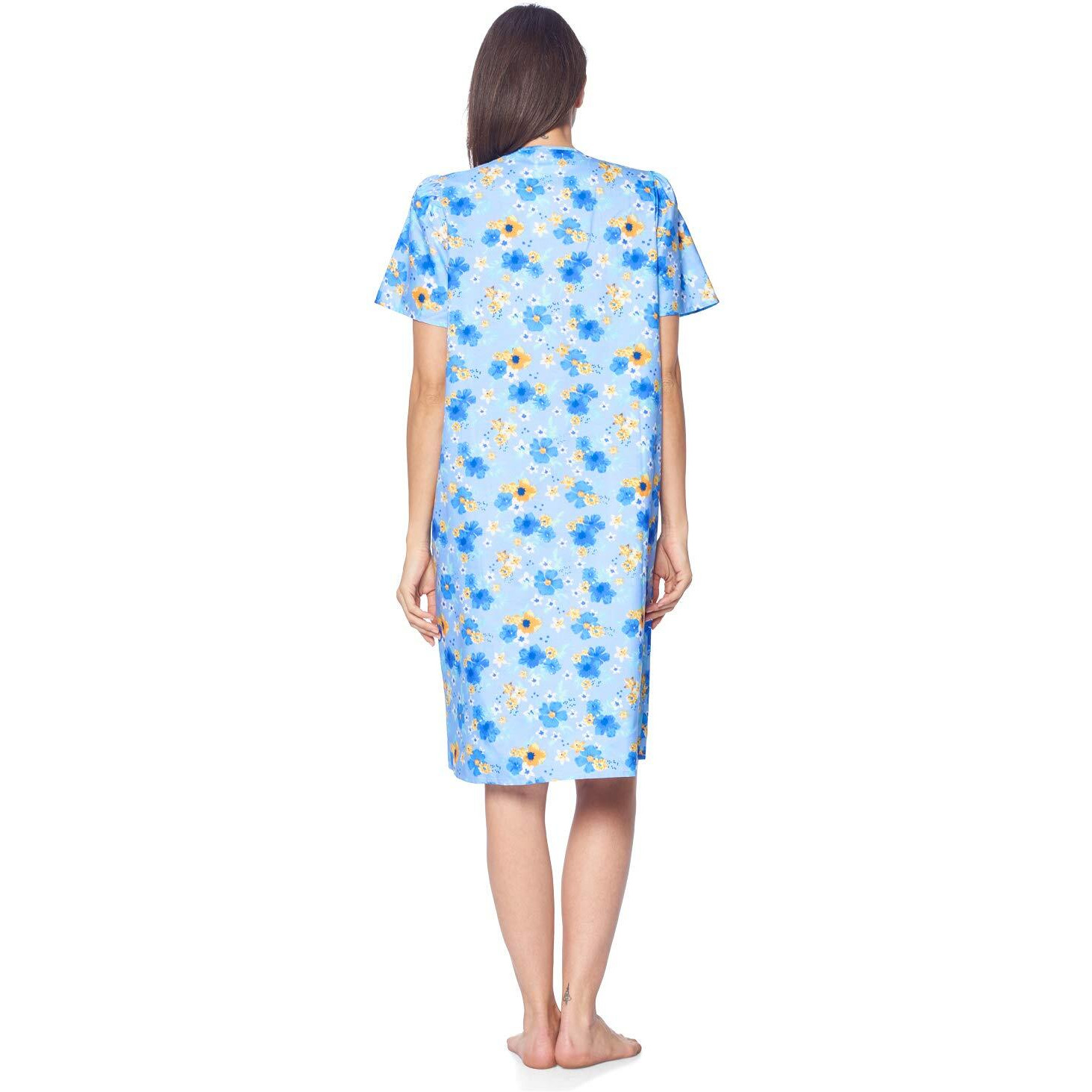 Casual Nights Womens Snap Front House Dress Short Sleeve Woven Housecoat Duster Lounger Robe, Floral Blue, Small