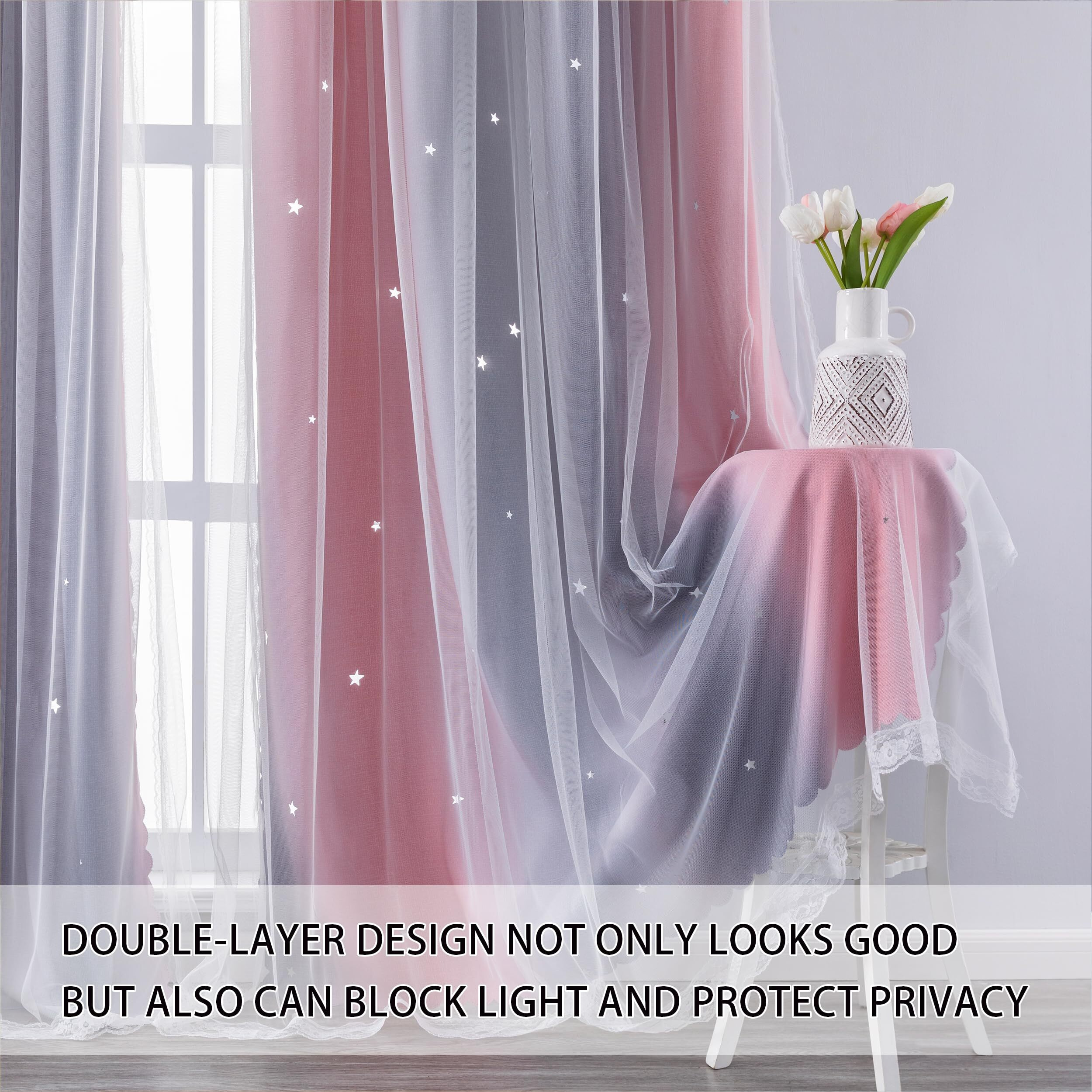 Xidi Dream Star Blackout Curtains For Kids Rooms Girl Princess Curtain For Daughter Bedroom Window (Pink Grey, W52 X L84)