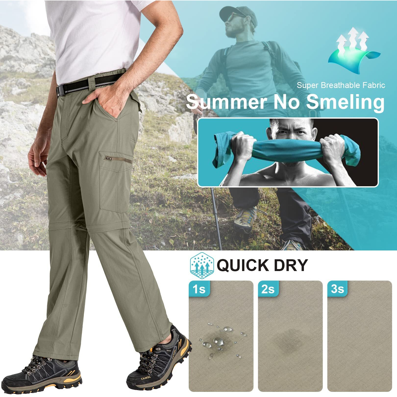 Mens Hiking Pants Convertible Boy Scout Quick Dry Lightweight Zip Off Outdoor Fishing Travel Safari Pants,6226,Light Green,34