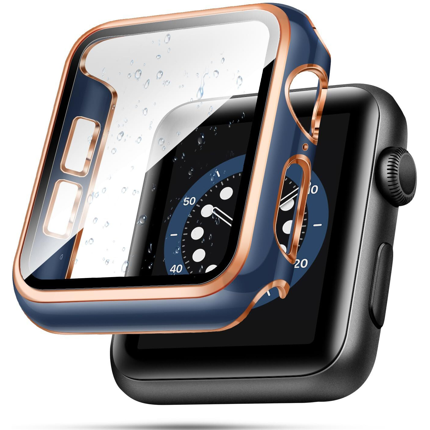 Top4Cus 42Mm Case Compatible With Apple Watch, With Built-In Tempered Glass Screen Protector, Pc Cover For Iwatch Series 9/8/7/Se 2Rd Se 6 5 4/3 2 For Choice (42Mm-Series 3/2, Blue + Rose Gold Edge)