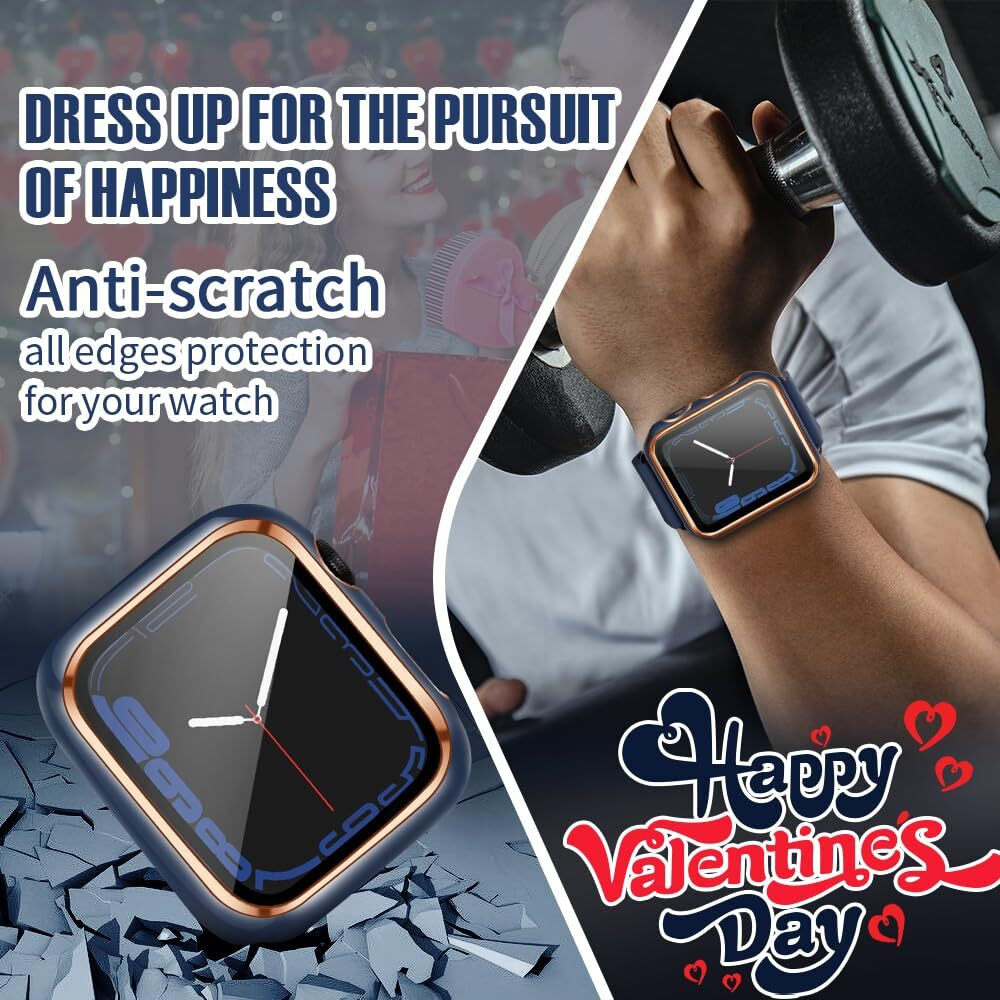 Top4Cus 42Mm Case Compatible With Apple Watch, With Built-In Tempered Glass Screen Protector, Pc Cover For Iwatch Series 9/8/7/Se 2Rd Se 6 5 4/3 2 For Choice (42Mm-Series 3/2, Blue + Rose Gold Edge)