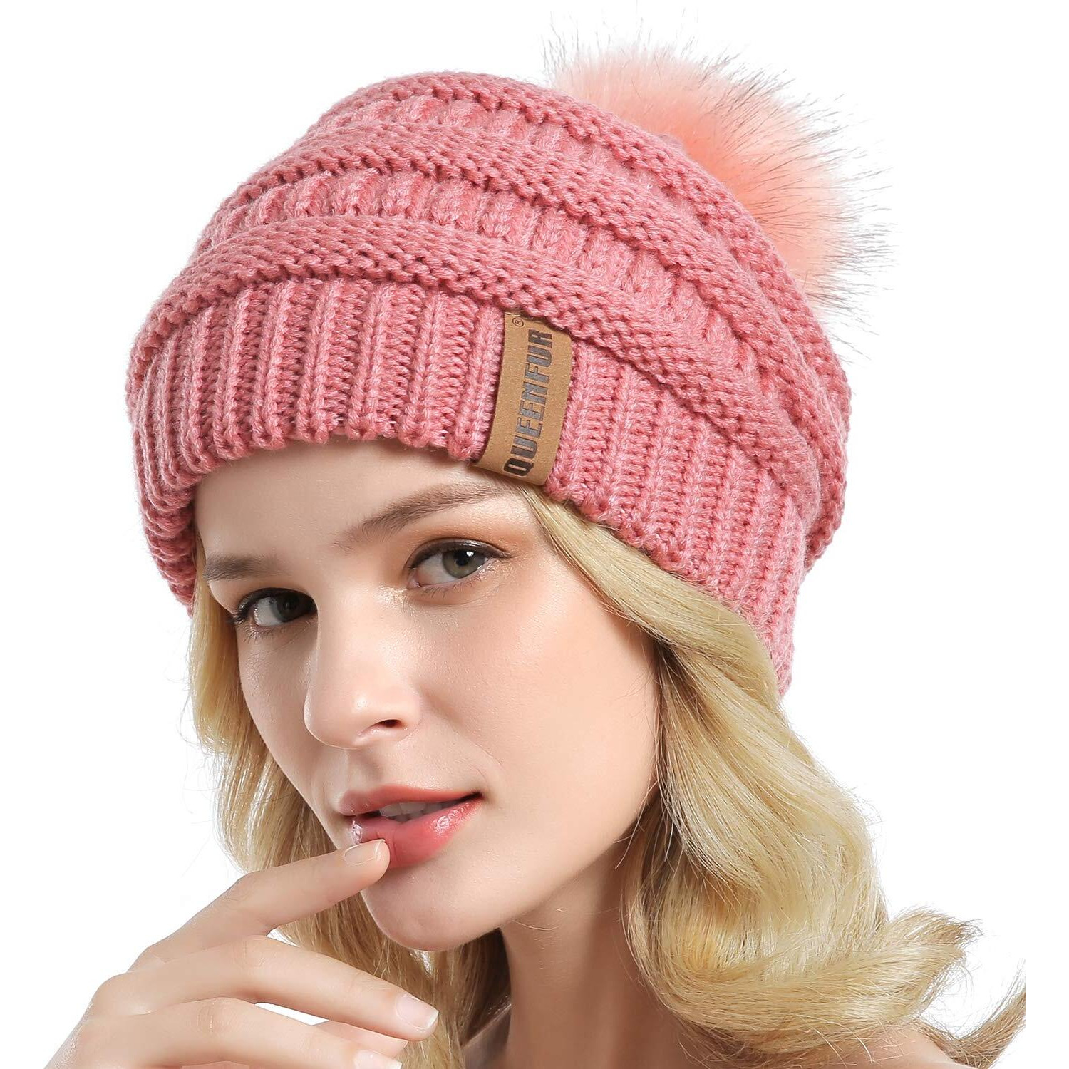 Queenfur Women Knit Slouchy Beanie Chunky Baggy Hat With Faux Fur Pompom Winter Soft Warm Ski Cap