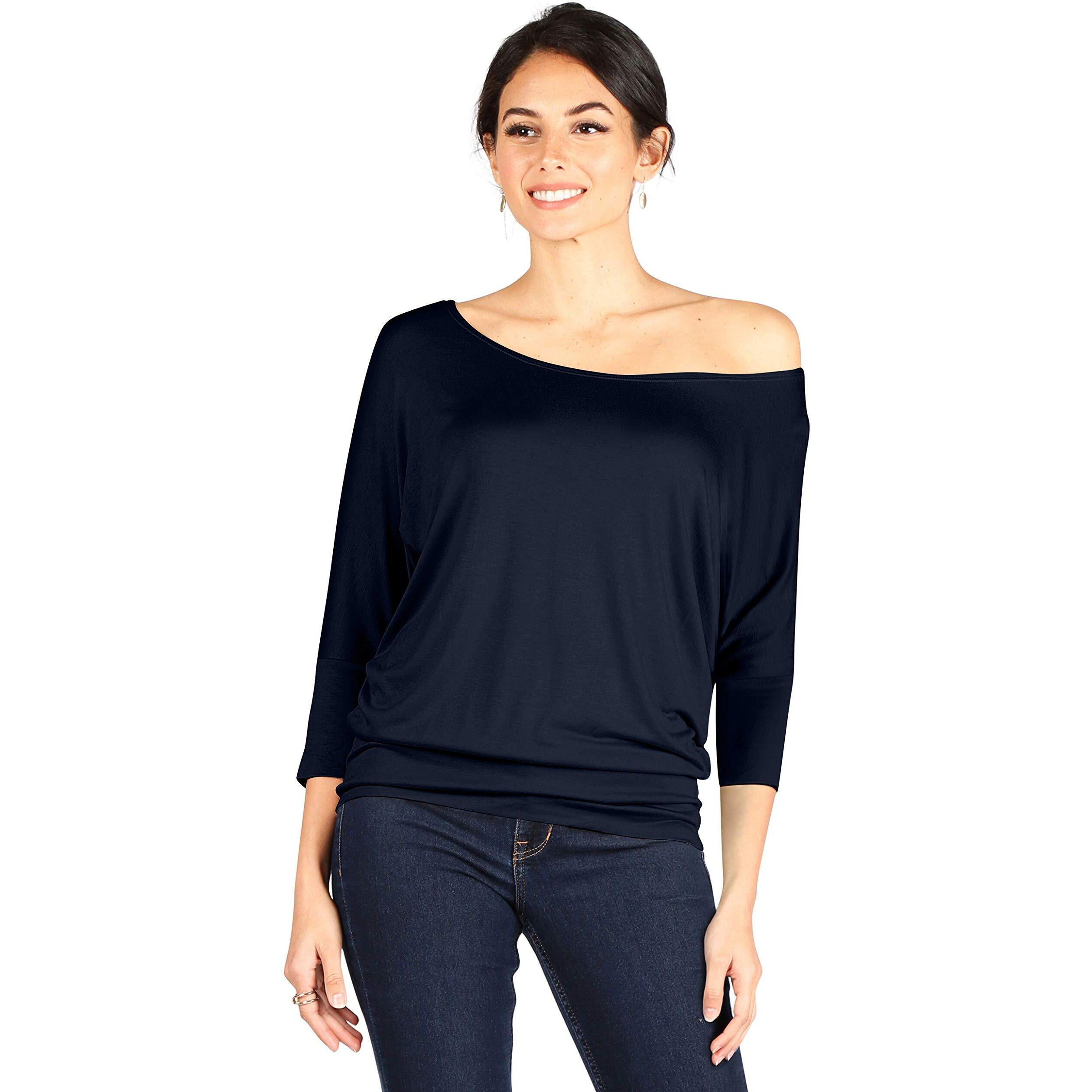Simlu Dolman 3/4 Sleeve Drape Round Neck Top With Banded Waist - Made In Usa, Navy, Large