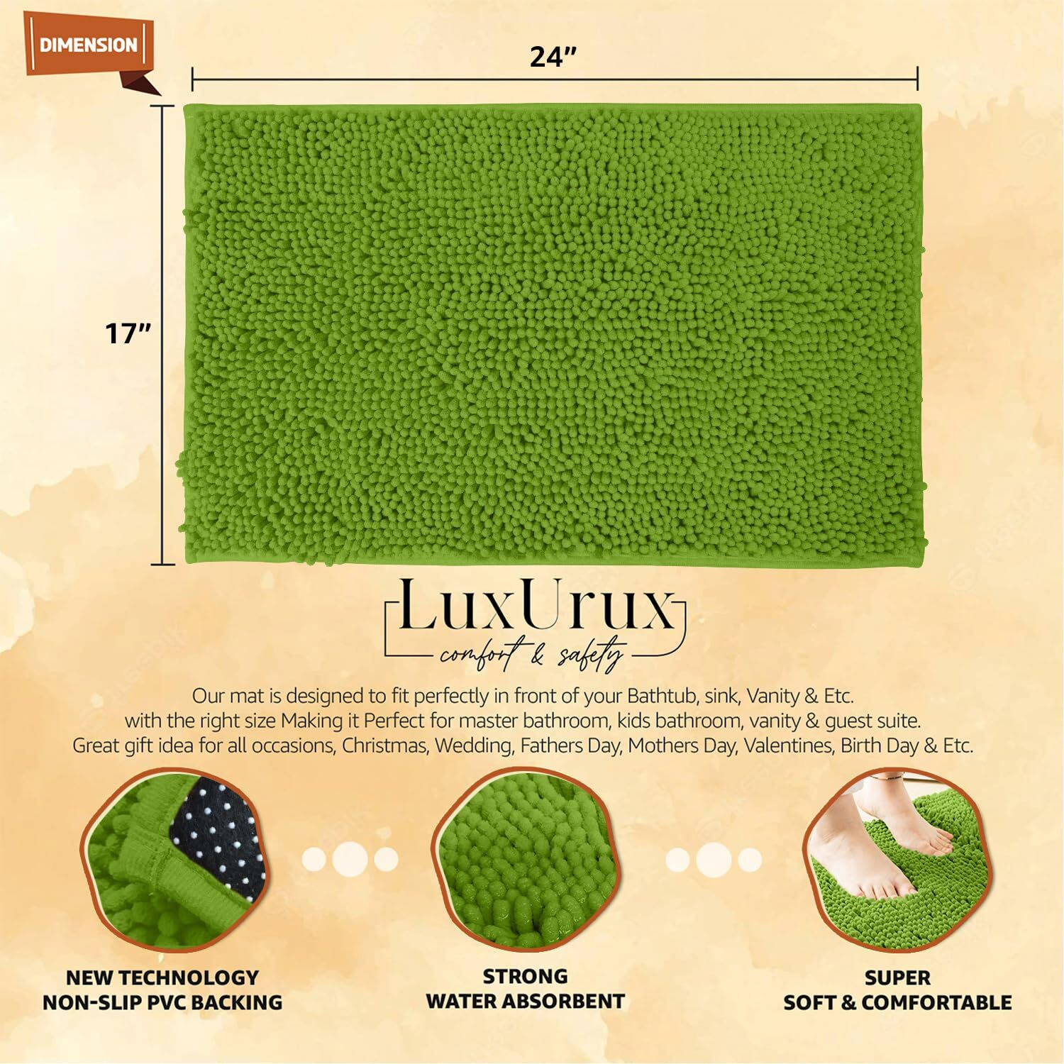 Luxurux Bath Mat, Extra-Soft Plush Non-Slip Bathroom Rug, Luxury Chenille Microfiber Material, Super Absorbent Shaggy Bath Rug. Machine Wash & Dry (17 X 24 Inches, Green)