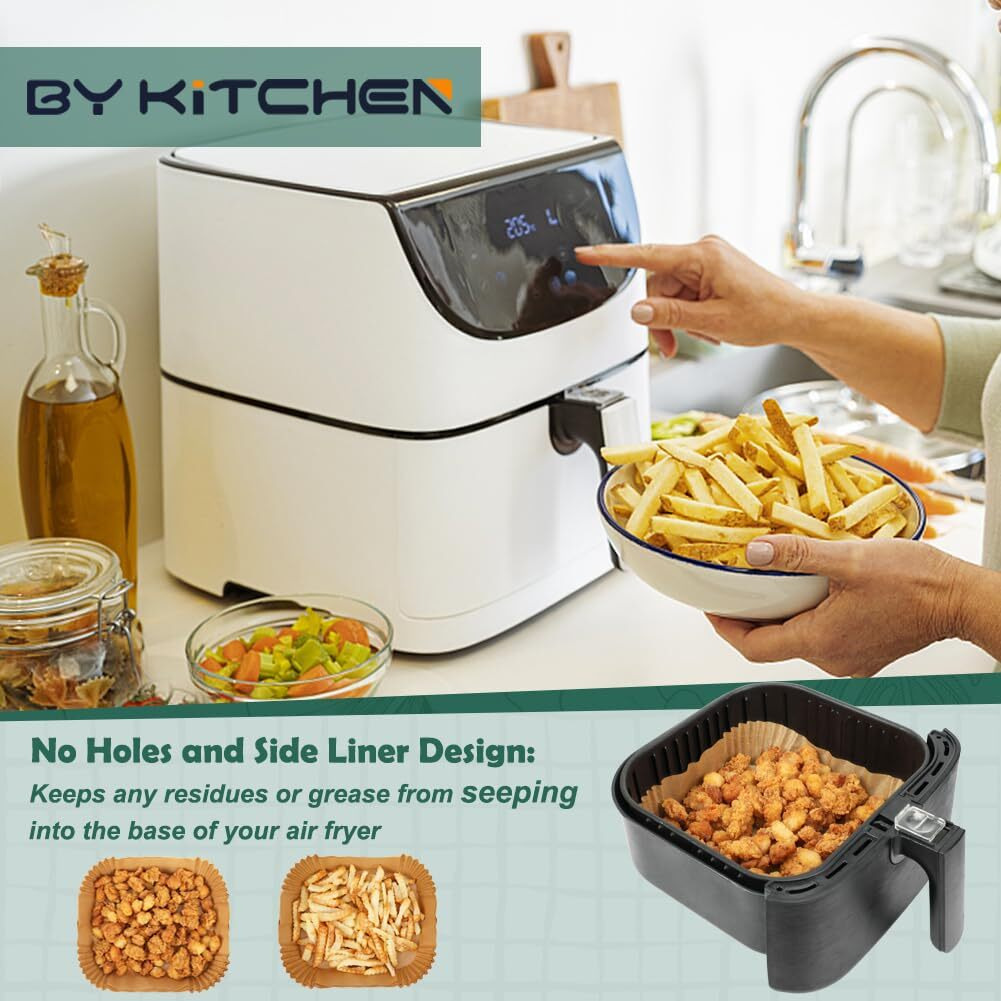 Bykitchen Large Air Fryer Liners, Set Of 100, 10 Inch Square Air Fryer Liners, Xl Air Fryer Disposable Paper Liner, Compatible With Corsori, Ninja, Gourmia Air Fryer And More