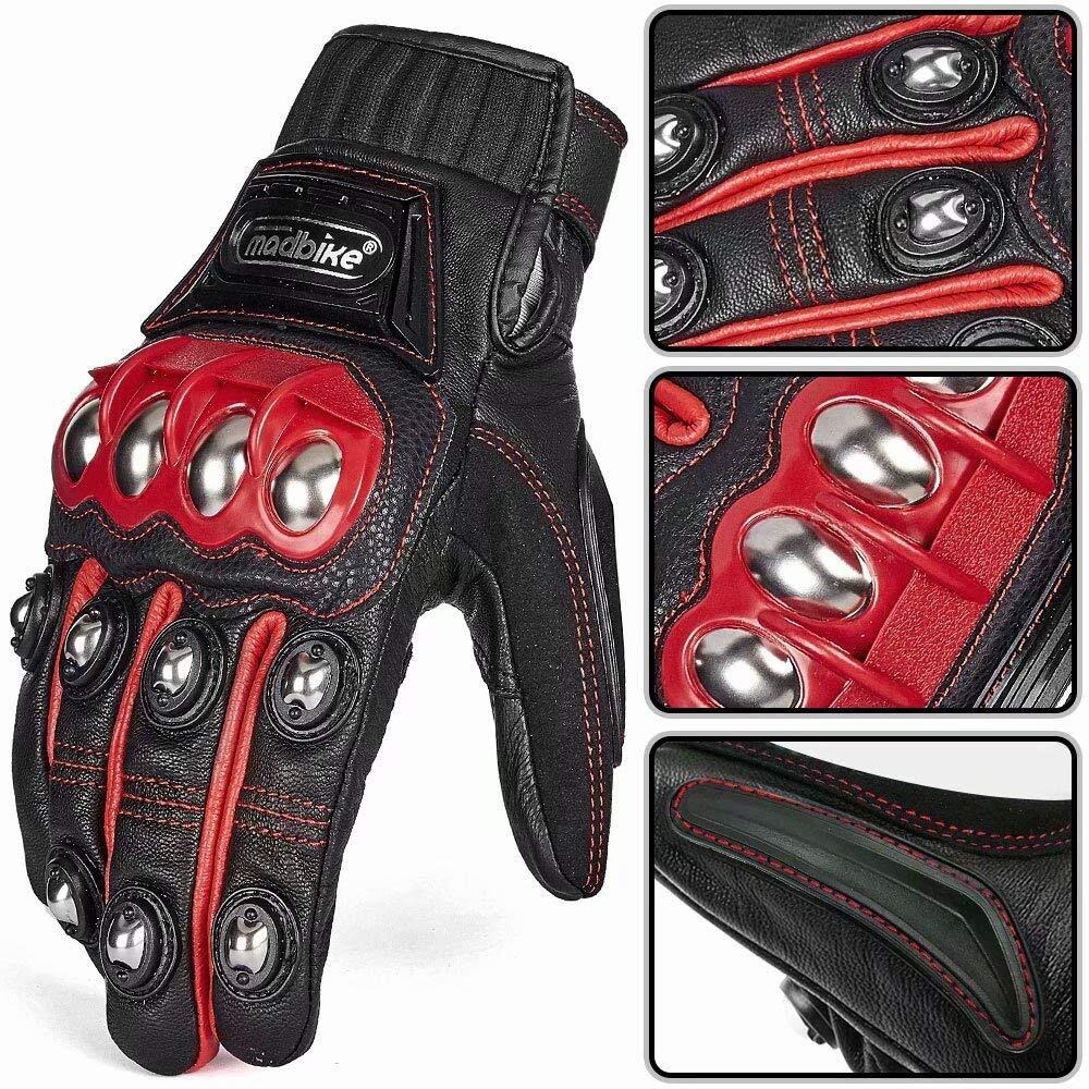 Ilm Alloy Steel Leather Hard Knuckle Touchscreen Motorcycle Bicycle Motorbike Powersports Racing Gloves (M, (Leather) Red) Model 10Cl