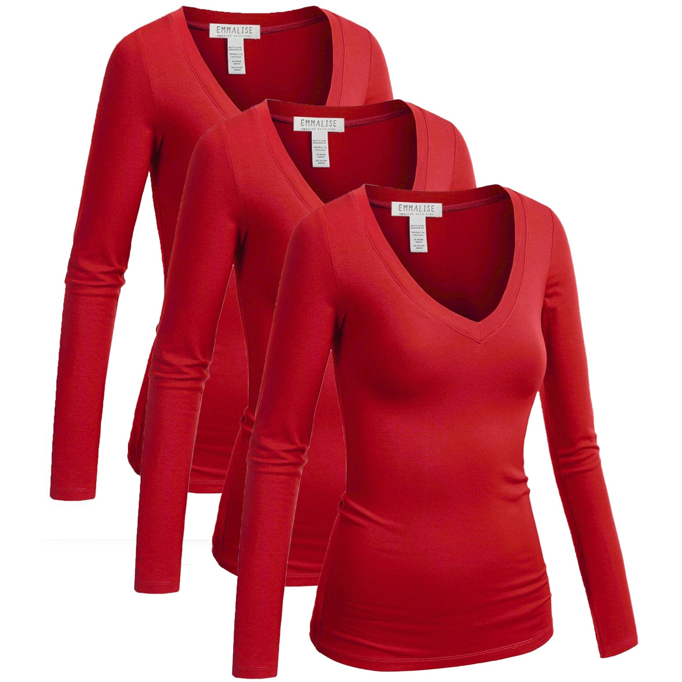 Emmalise Long Sleeve V Neck T Shirt Women-Junior Sizes,3Pk-Red,Red,Red,Small