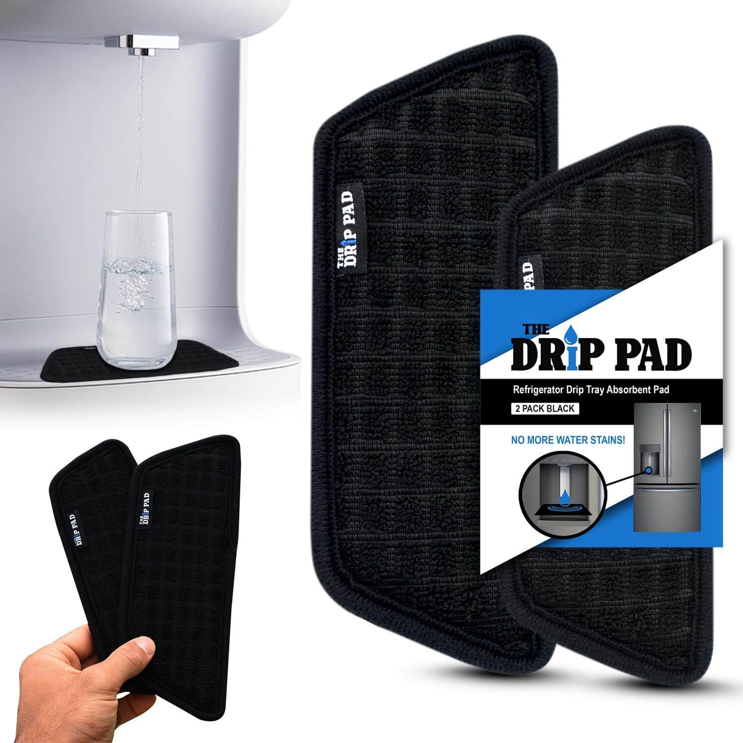 The Drip Pad - Refrigerator Drip Catcher For Water Tray, Protects Ice And Water Dispenser Pan From Spills, Mineral Build-Up And Water Splatter (2 Pack, Black) (Rectangular)