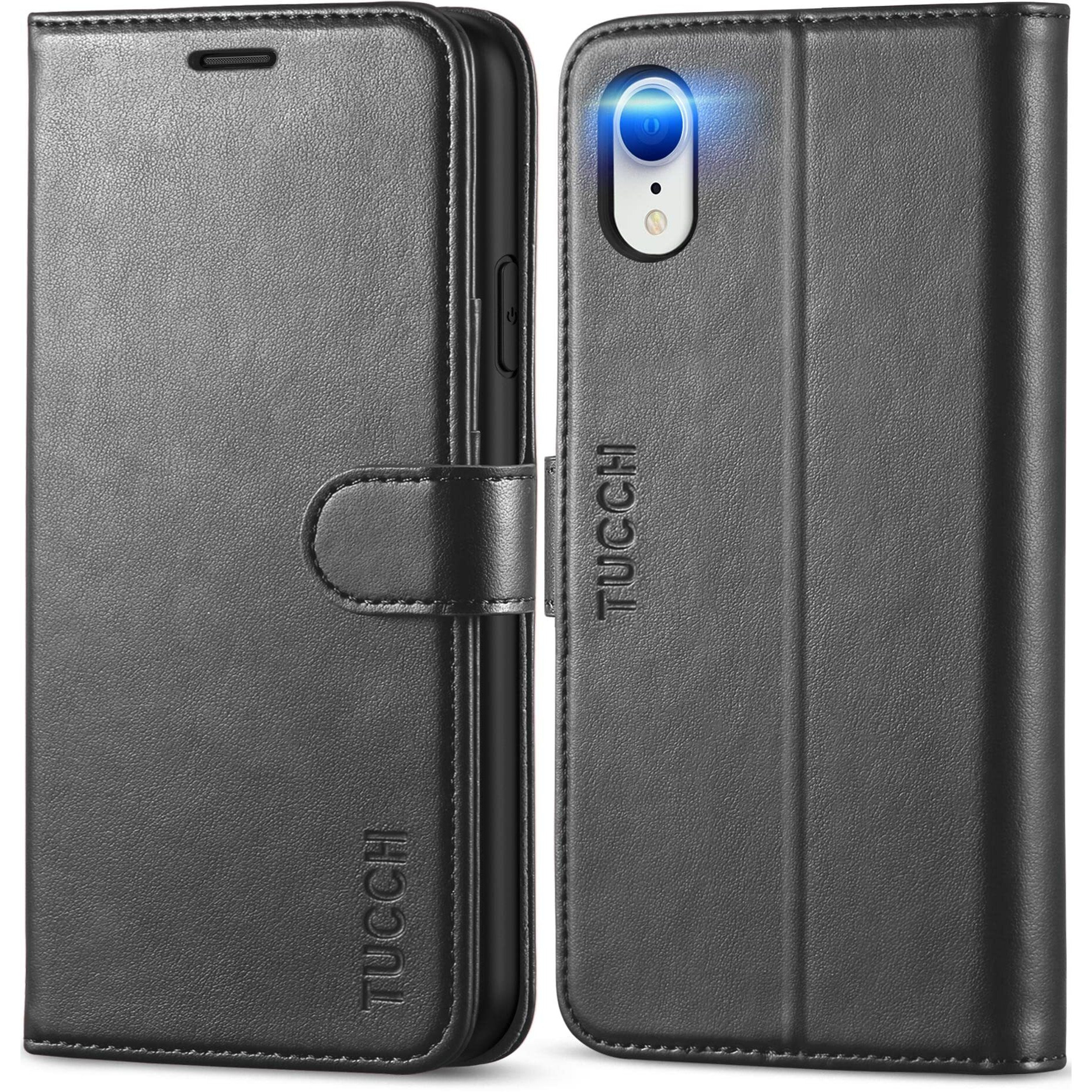 Tucch Iphone Xr Wallet Case, Iphone Xr Case, Premium Pu Leather Flip Cover [Shockproof Tpu Shell] With Stand Rfid Blocking Credit Card Slot Wireless Charging Compatible With Iphone Xr 6.1, Black