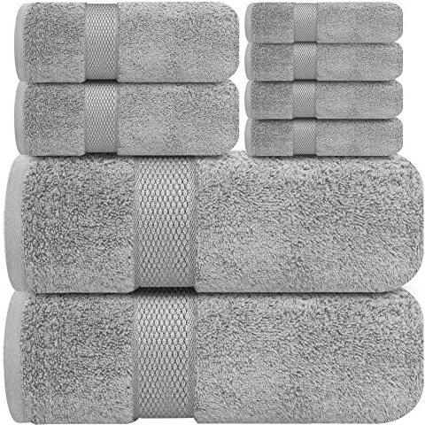 Infinitee Xclusives Premium Light Grey Bath Towel Set For Bathroom - [Pack Of 8] 100% Cotton Bathroom Towel Set - 2 Bath Towels, 2 Hand Towels And 4 Washcloths
