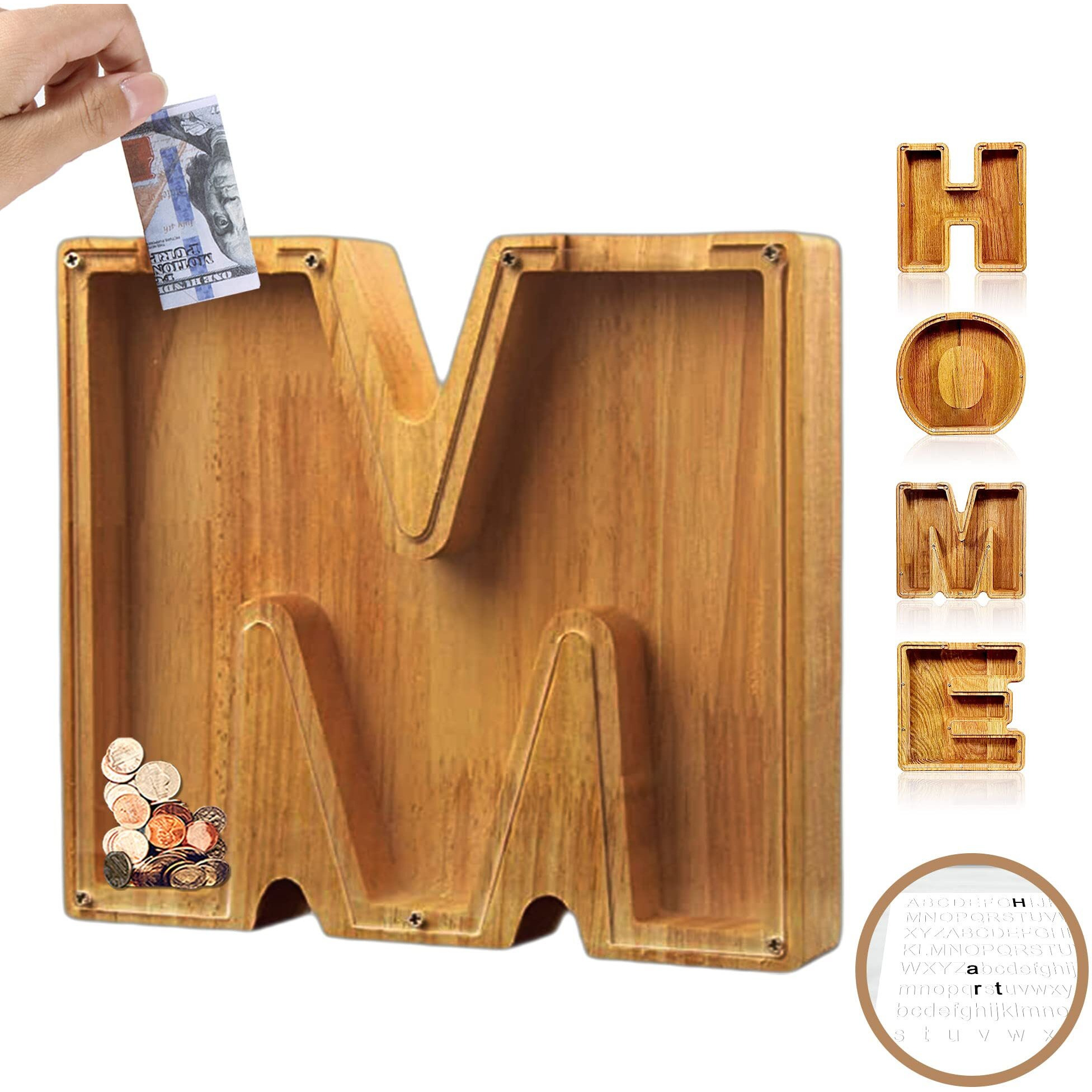 Piggy-Bank For Kids Boys Girls Large Piggy Banks 26 English Alphabet Letter,Personalized Wooden,Transparent Money Saving Box Custom Text Name Diy Creative Gift For Real-Money (M)