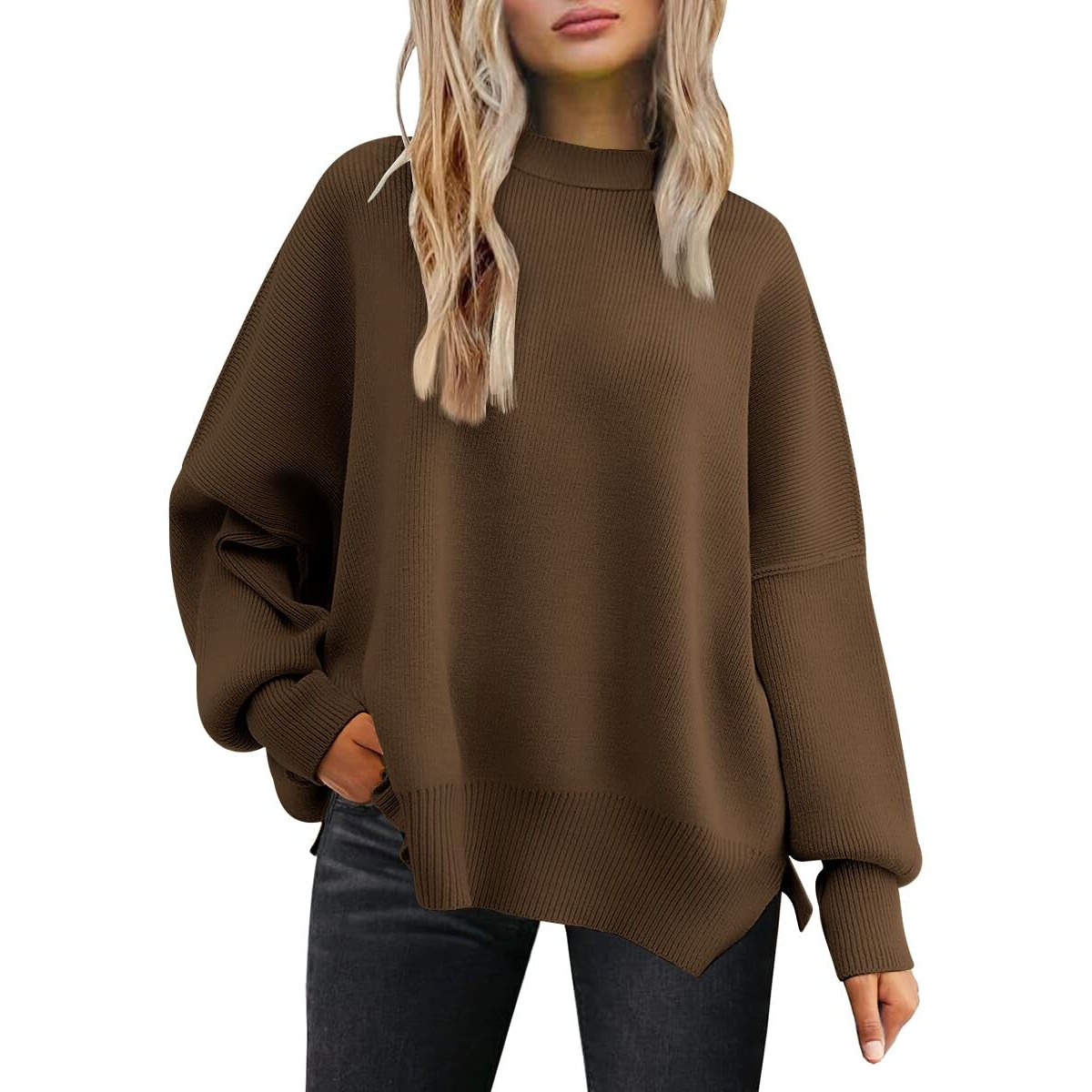 Lillusory Women 's Oversized Batwing Sweaters 2024 Fall Outfits Crewneck Ribbed Knit Side Slit Trendy Pullover Tops Lightcoffee M