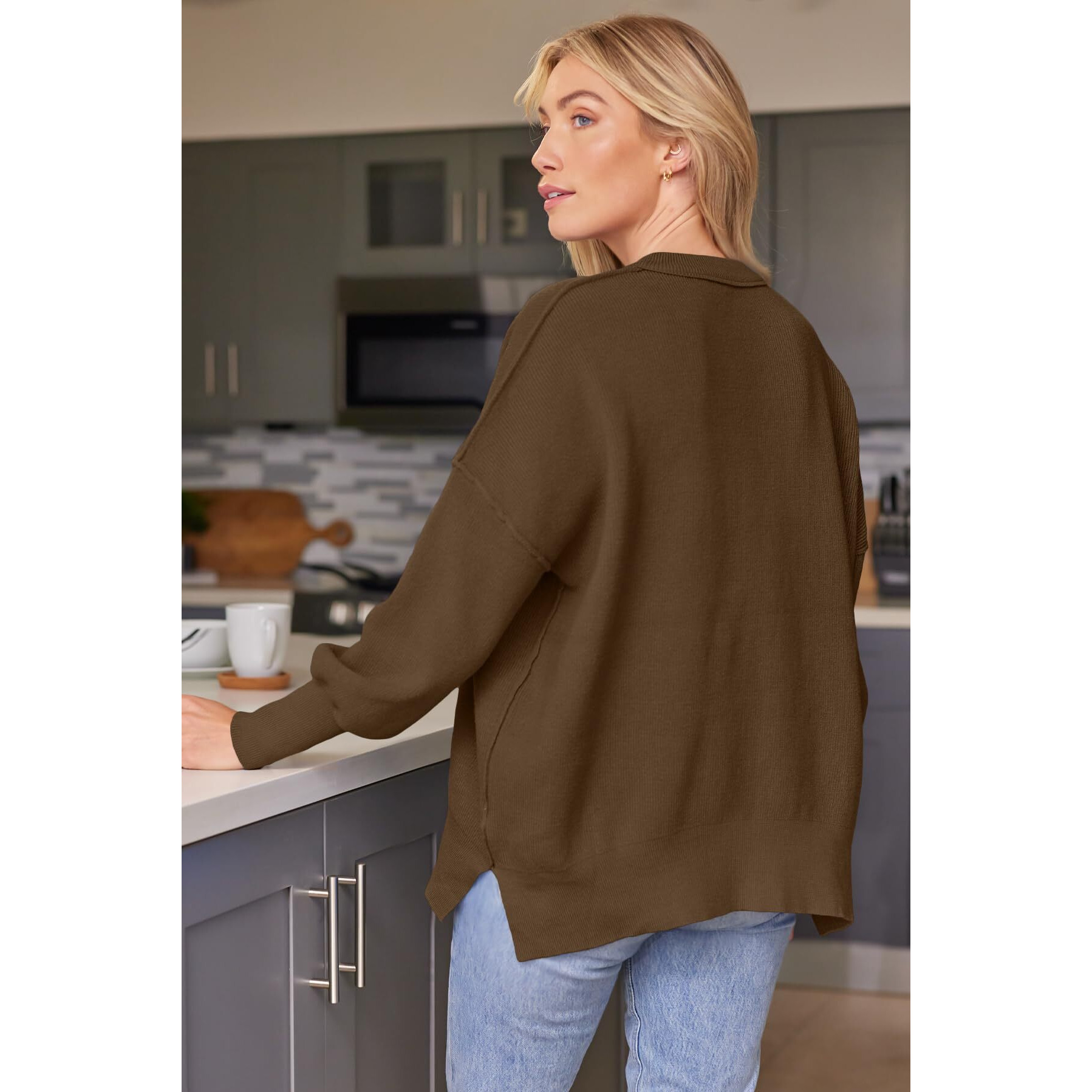 Lillusory Women 's Oversized Batwing Sweaters 2024 Fall Outfits Crewneck Ribbed Knit Side Slit Trendy Pullover Tops Lightcoffee M