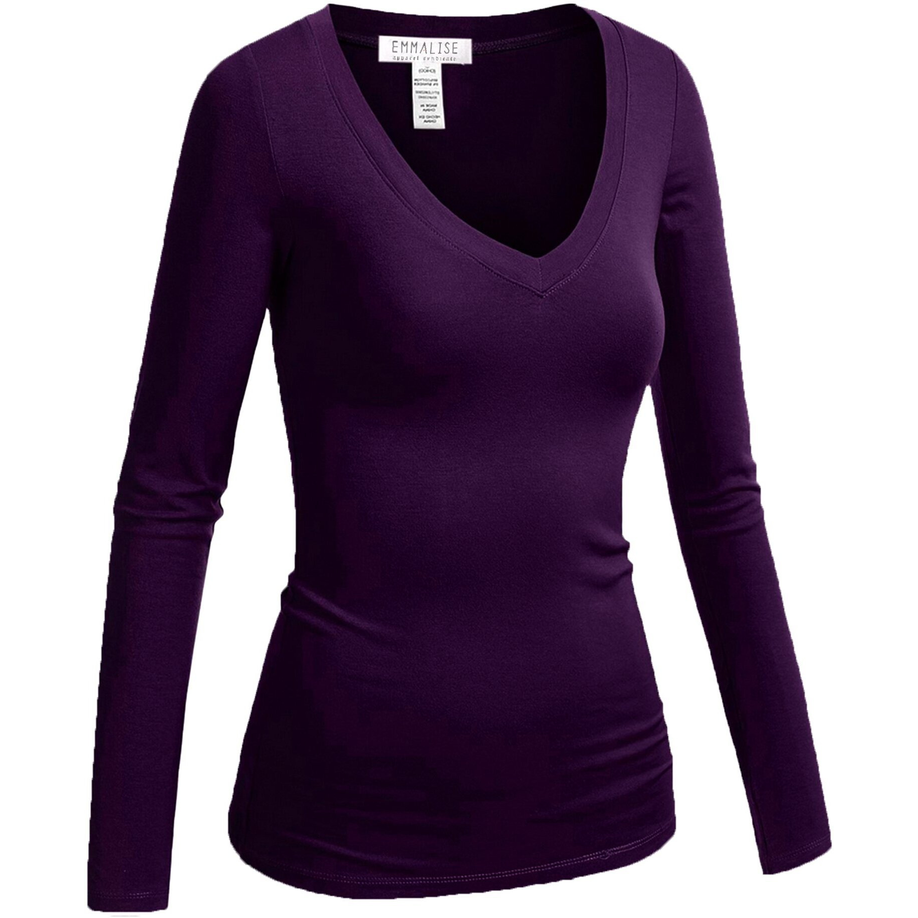 Emmalise Women's Casual Basic V-Neck Tshirt Long Sleeves Tee Top - Purple, S