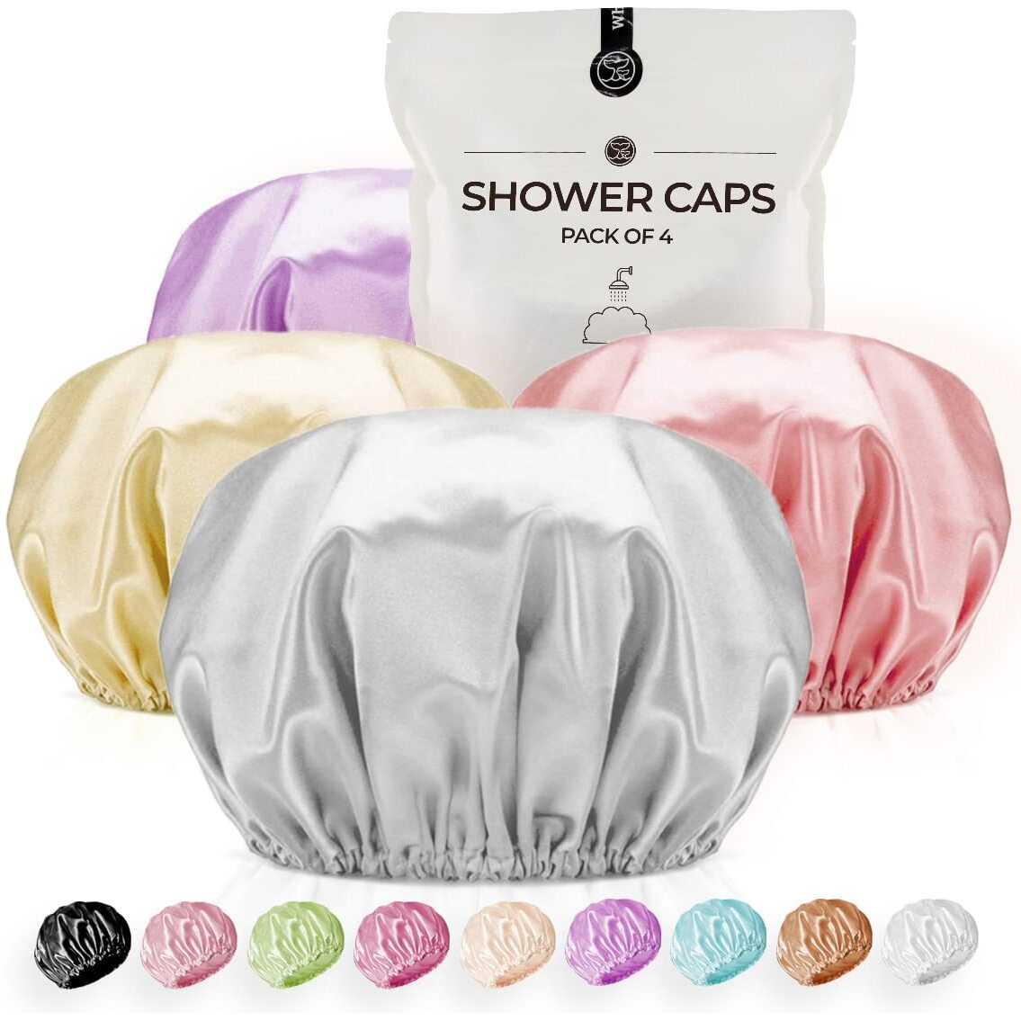 Shower Cap For Women Reusable Extra Large Shower Caps For Men Satin Double Layer Eva Waterproof Long Hair Caps(Silver Gray, Orchid, Gold, Pink 4 Pack)