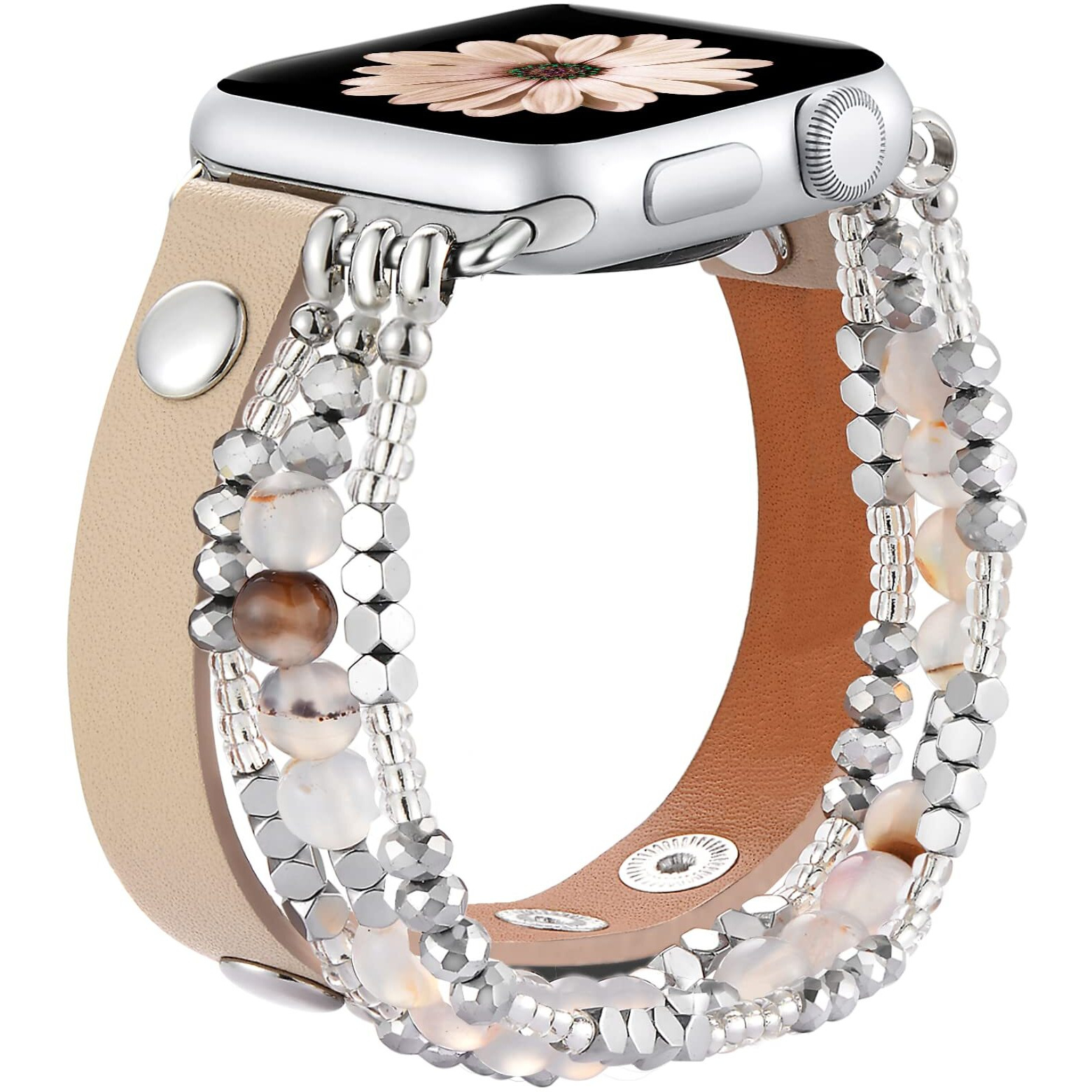 Fastgo Leather Band Compatible With Apple Watch 45Mm 44Mm 42Mm 49Mm Women, Elastic Beaded Bracelet Strap Adjustable For Iwatch Se & Series 9 8 7 6 5 4 3 2 1 (Beige/Starlight,42/44/45/49Mm)
