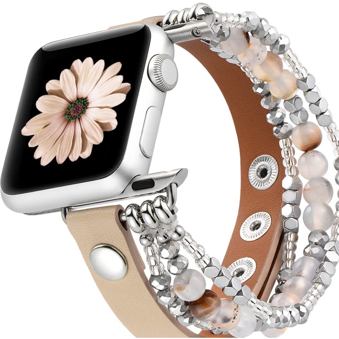 Fastgo Leather Band Compatible With Apple Watch 45Mm 44Mm 42Mm 49Mm Women, Elastic Beaded Bracelet Strap Adjustable For Iwatch Se & Series 9 8 7 6 5 4 3 2 1 (Beige/Starlight,42/44/45/49Mm)