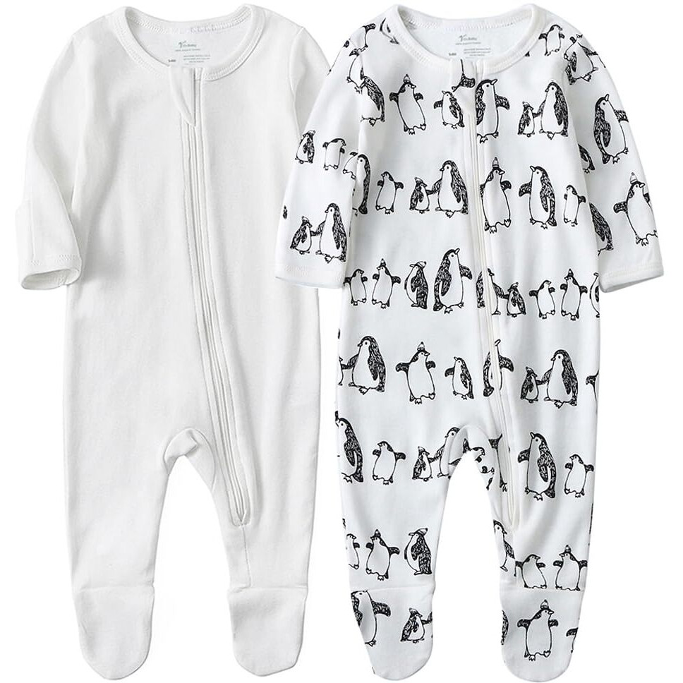 O2 Baby Baby Boys Girls Organic Cotton Zip Front Sleeper Pajamas, Footed Sleep 'N Play(6-12Months, Ivory+Penguin)