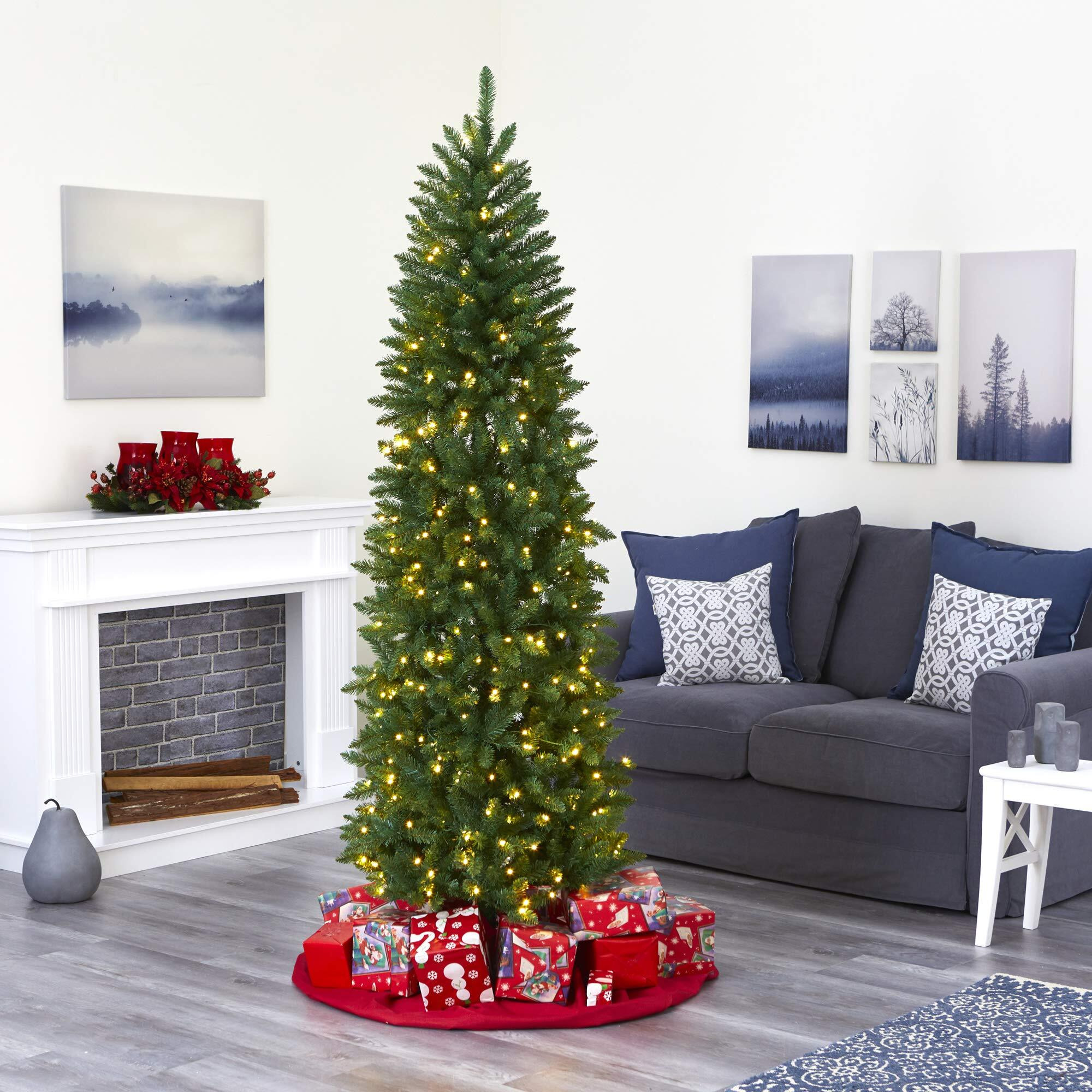 6.5 Slim Green Mountain Pine Artificial Christmas Tree With 300 Clear Led Lights