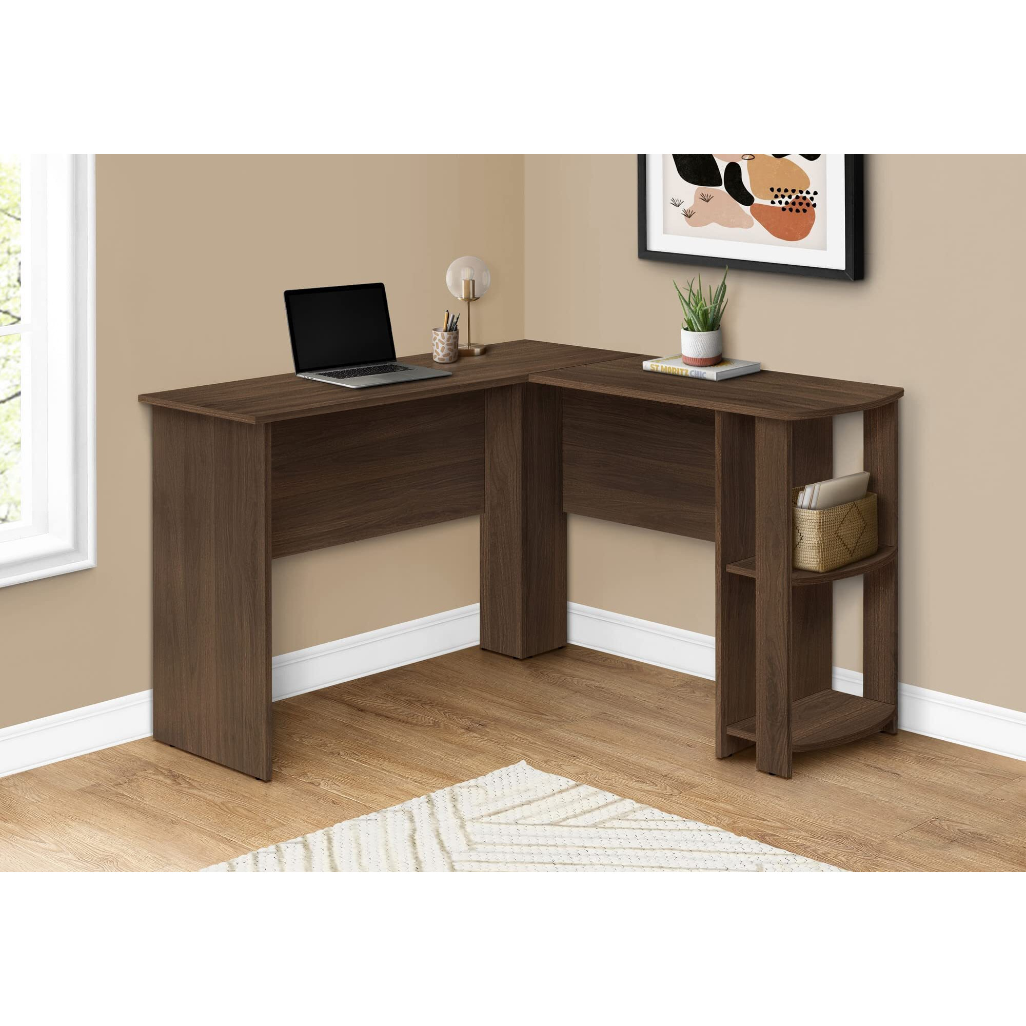 Computer Desk, Home Office, Corner, Storage Shelves, 48"&quotL, L Shape, Work, Laptop, Laminate, Brown, Contemporary, Modern