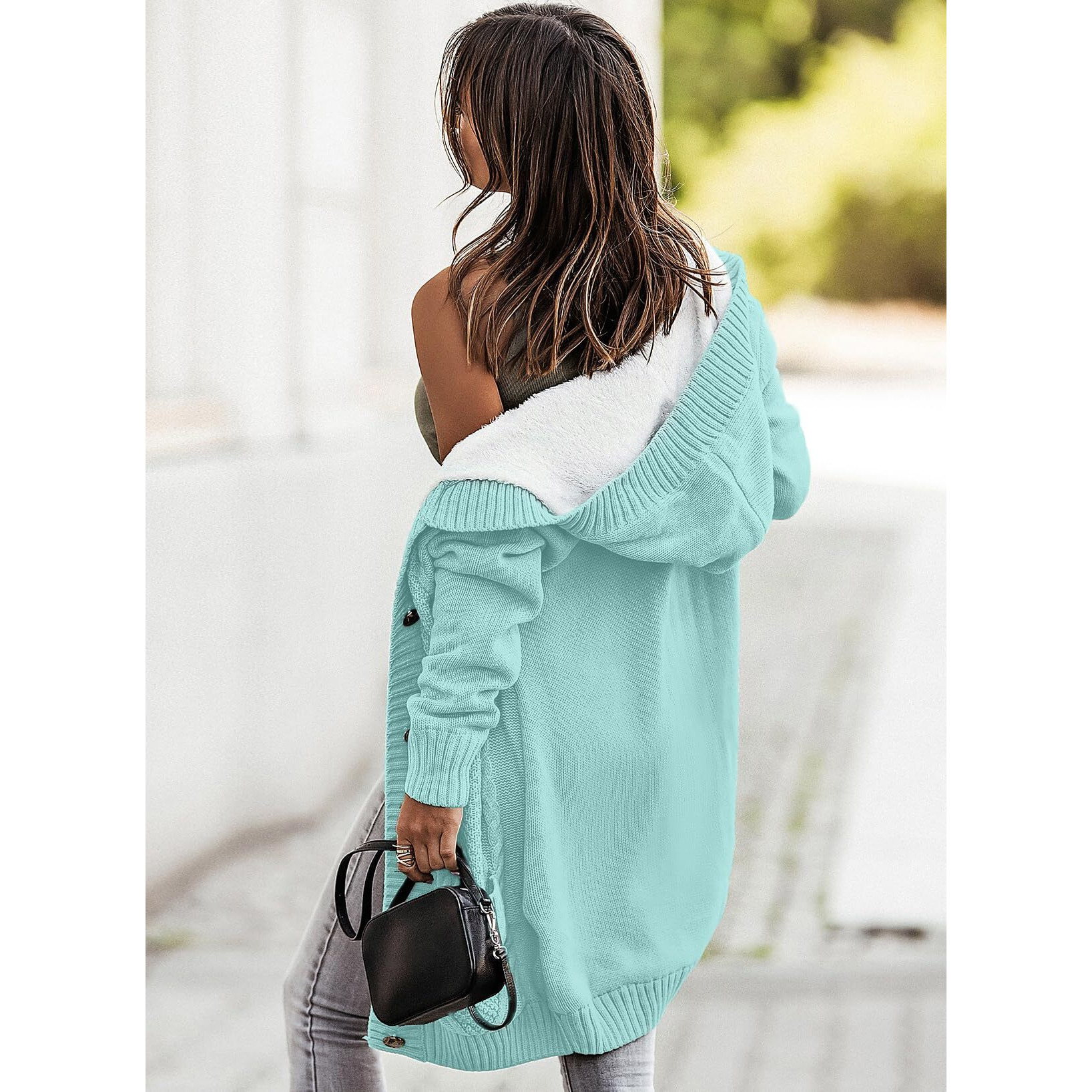 Sidefeel Women 's Hooded Winter Sweater Coat Fleece Jacket Oversized Cardigans 2024 Fashion Outfit Small Sky Blue