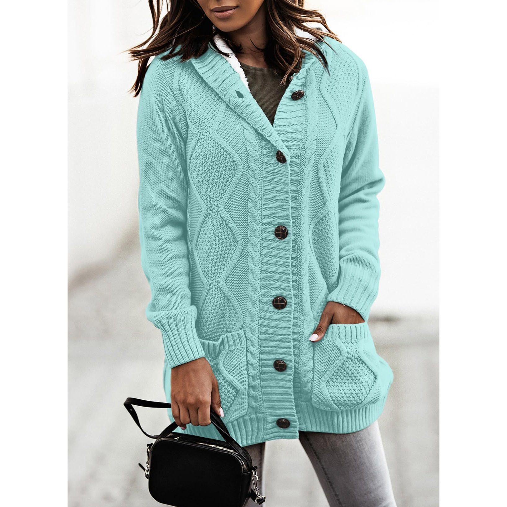 Sidefeel Women 's Hooded Winter Sweater Coat Fleece Jacket Oversized Cardigans 2024 Fashion Outfit Small Sky Blue
