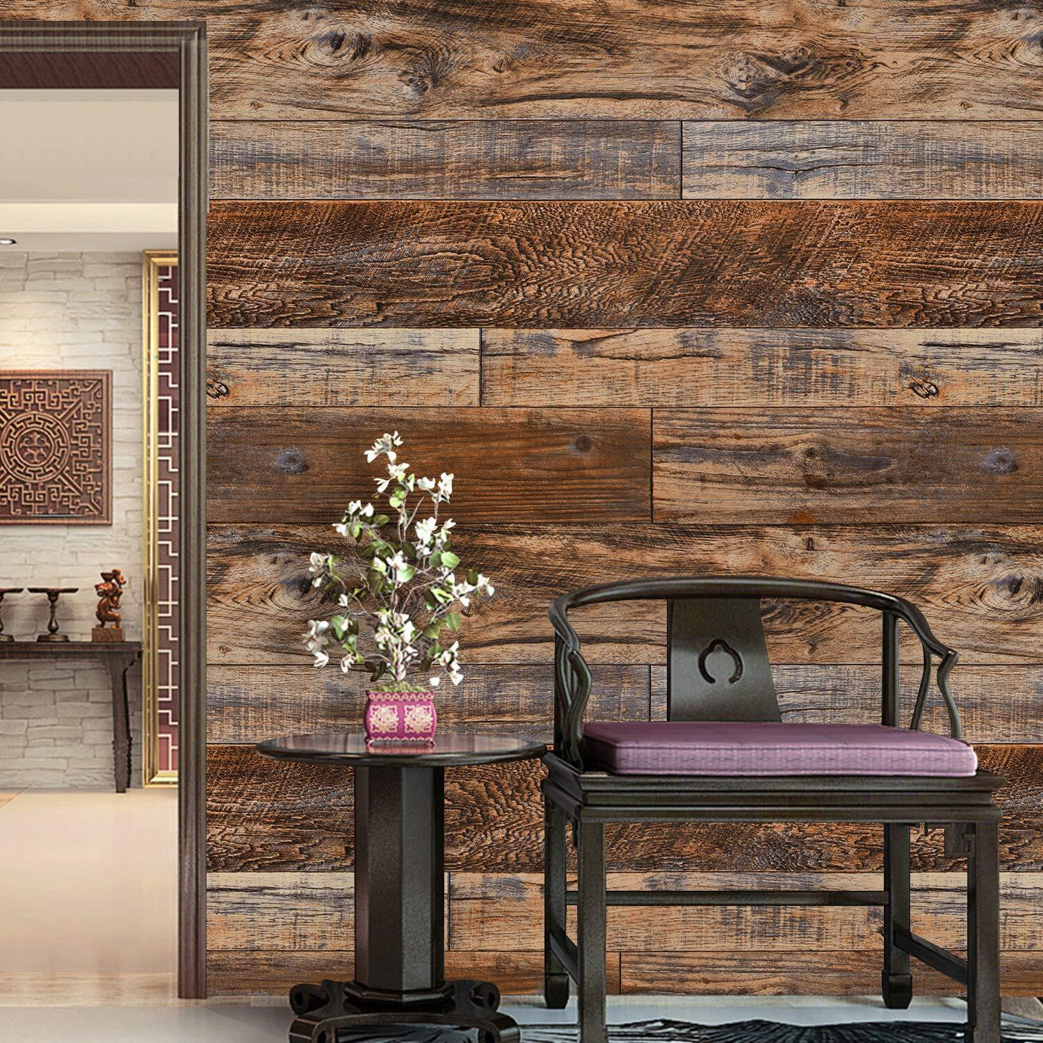 Wenmer 11.8"" X 118"" Brown Wood Peel And Stick Wallpaper Shiplap Self Adhesive Wallpaper Wood Plank Wallpaper For Cabinet Countertop Shelf Drawer Wall Door