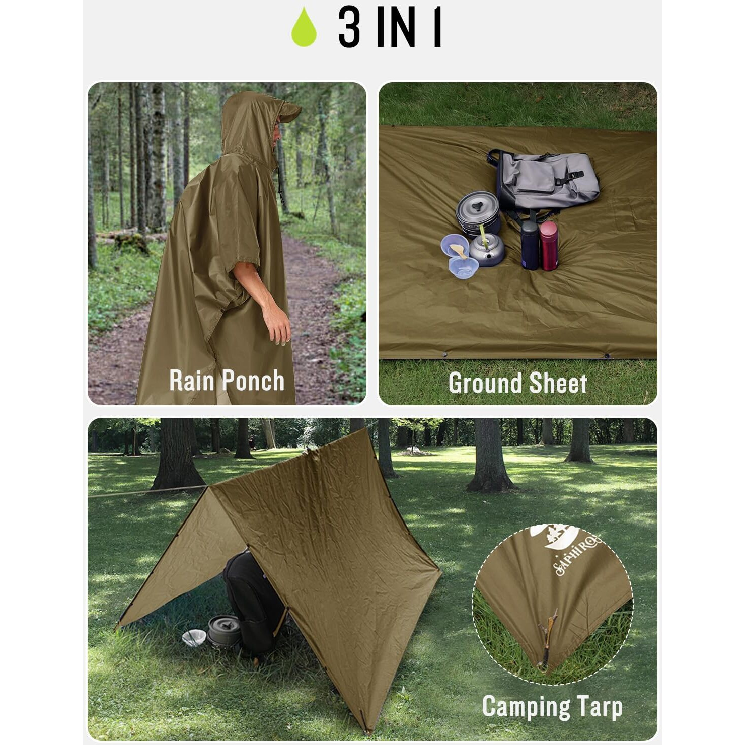 Saphirose Extra Thick Hooded Rain Poncho Double Layer Waterproof Raincoat Jacket For Men Women Adults