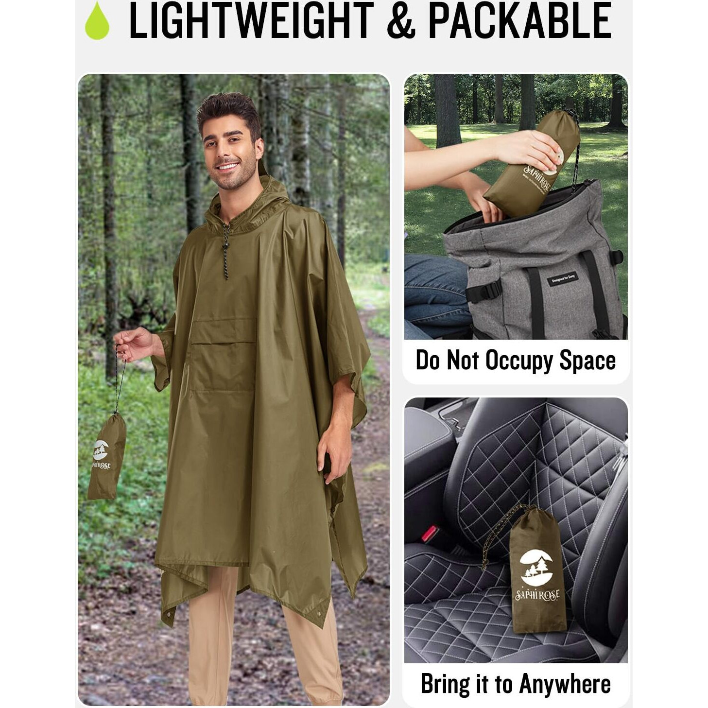 Saphirose Extra Thick Hooded Rain Poncho Double Layer Waterproof Raincoat Jacket For Men Women Adults