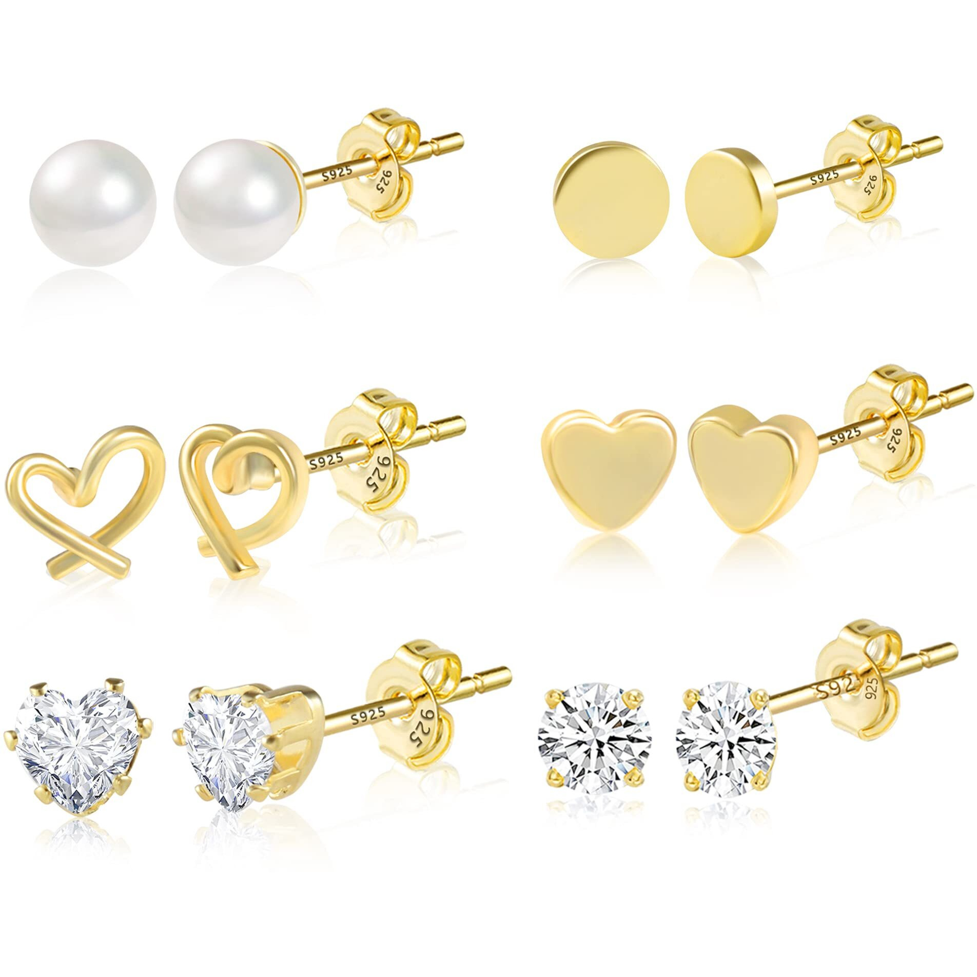 Stud Earring Sets For Multiple Piercing Gold Stud Earrings Set For Women 14K Gold Plated Heart Stud Earrings(6 Styles)