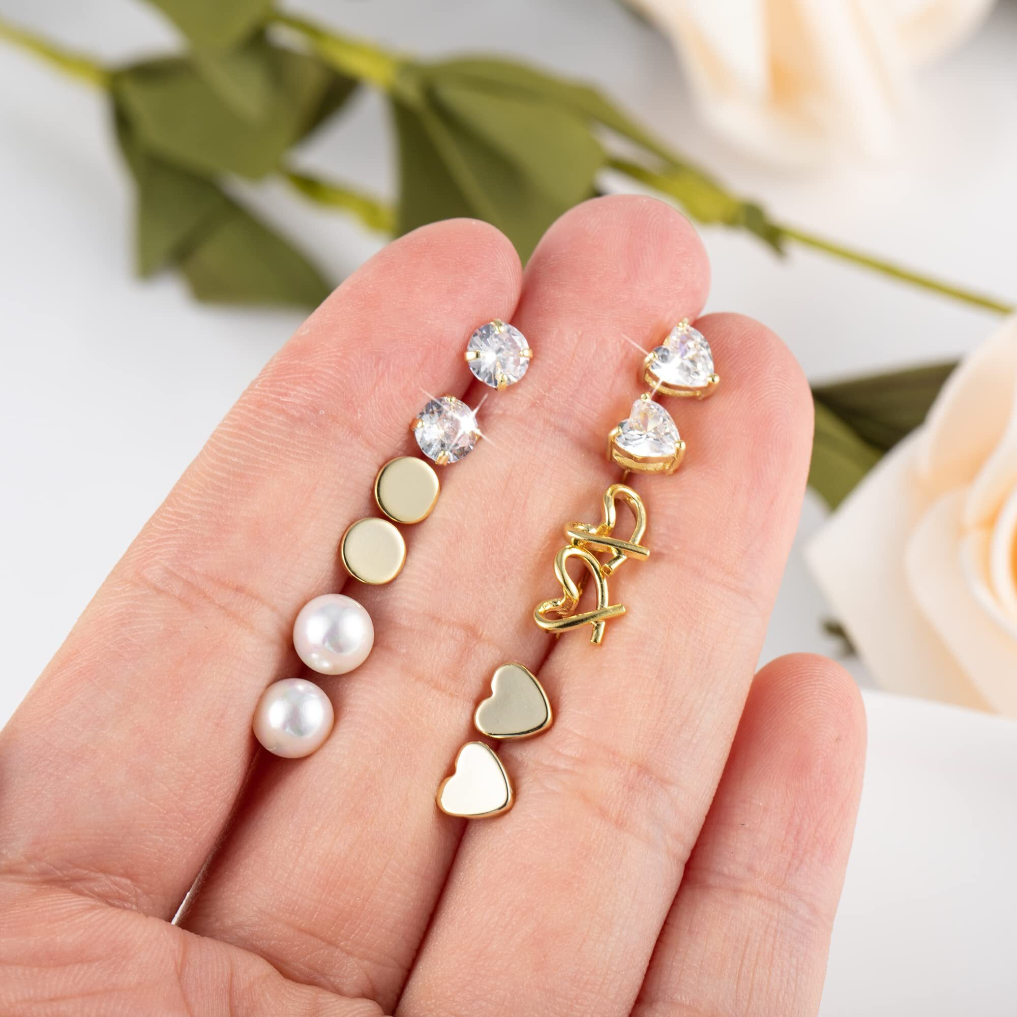 Stud Earring Sets For Multiple Piercing Gold Stud Earrings Set For Women 14K Gold Plated Heart Stud Earrings(6 Styles)