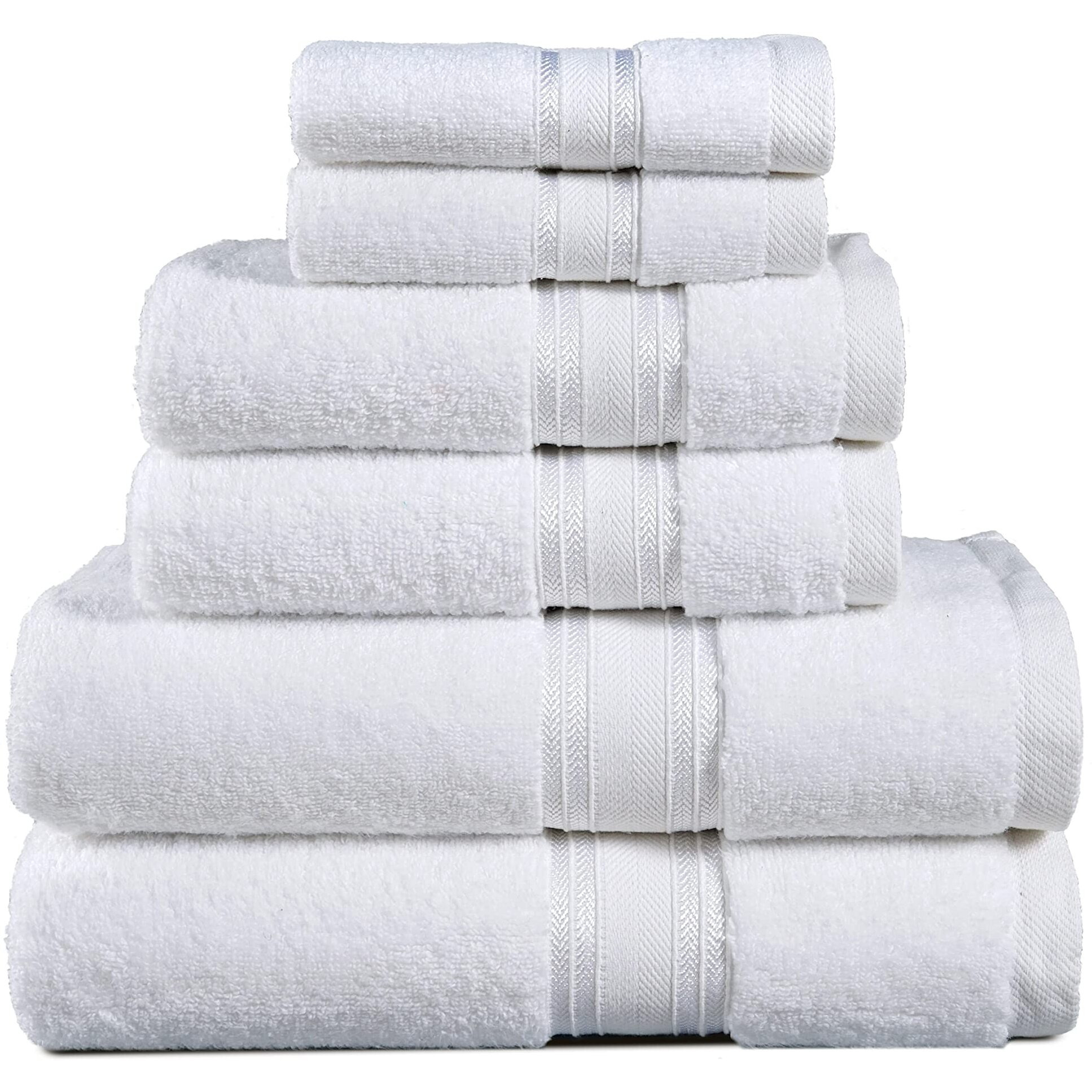 Luxury Bath Towels Set - 6 Piece Set, 100 Cotton Bathroom Towels, Zero Twist, Quick Dry Shower Towels, Extra Aborbent Bath Towel, Super Soft, 2 Bath Towels, 2 Hand Towels, 2 Wash Cloths - White